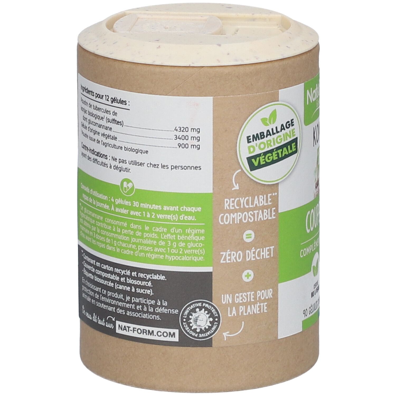 Zylindrische Dose, Rückseite. Text: Inhaltsstoffe, Gebrauchsanweisung. Verpackung aus pflanzlicher Herkunft, recycelbar, kompostierbar.