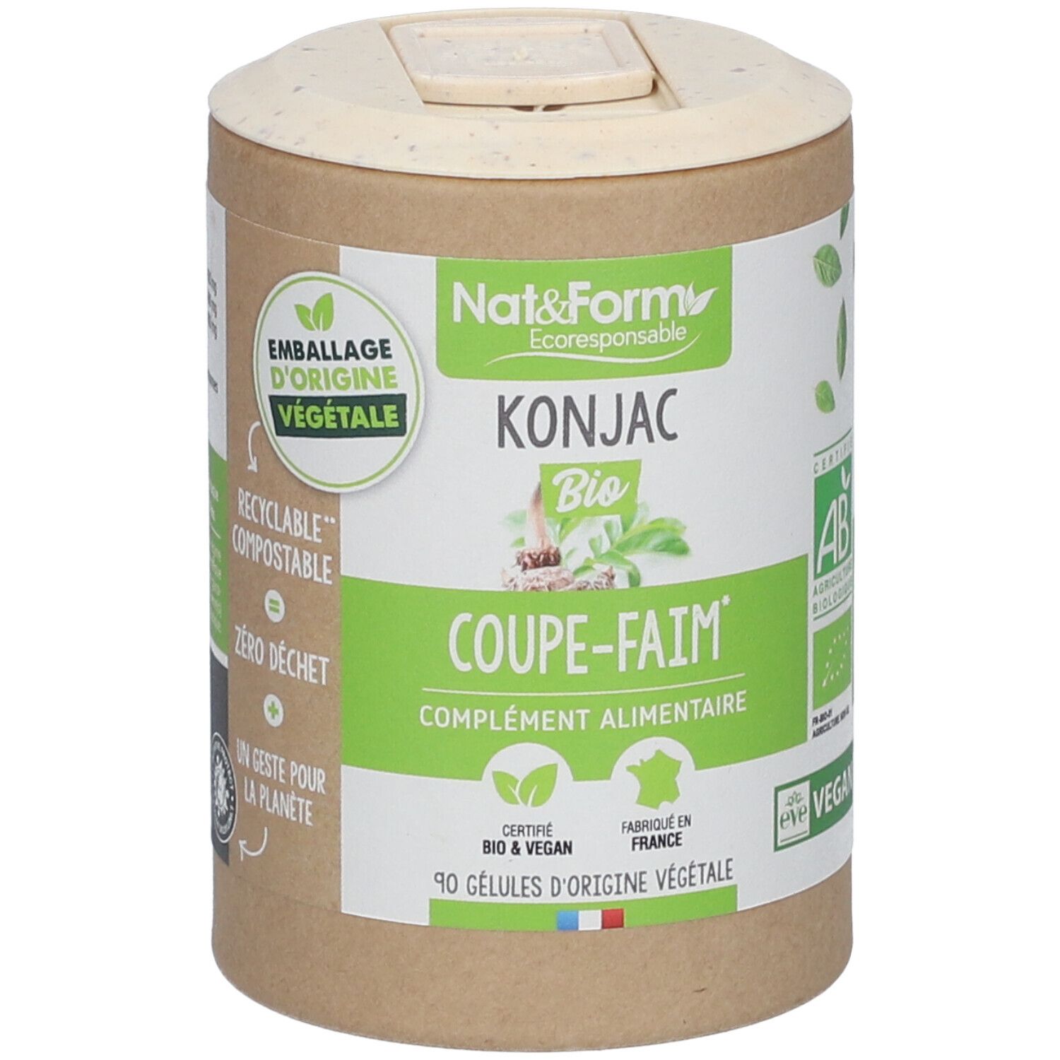 Zylindrische Dose mit Deckel. Aufschrift: Nat & Form Konjac Bio, Coupe-faim. Zertifizierungen: AB, Bio & Vegan. 90 Kapseln.