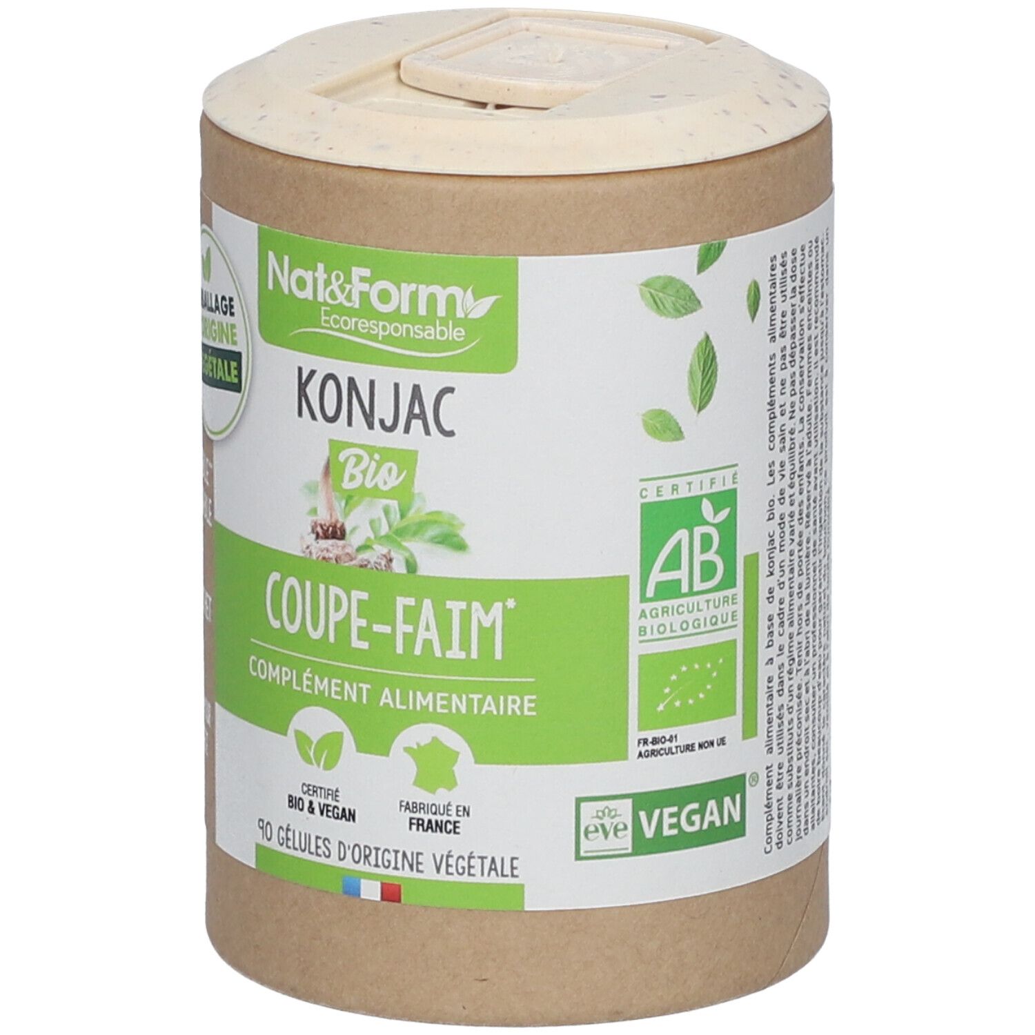 Zylindrische Dose mit Deckel. Aufschrift: Nat & Form Konjac Bio, Coupe-faim. Zertifizierungen: AB, Bio & Vegan. 90 Kapseln.