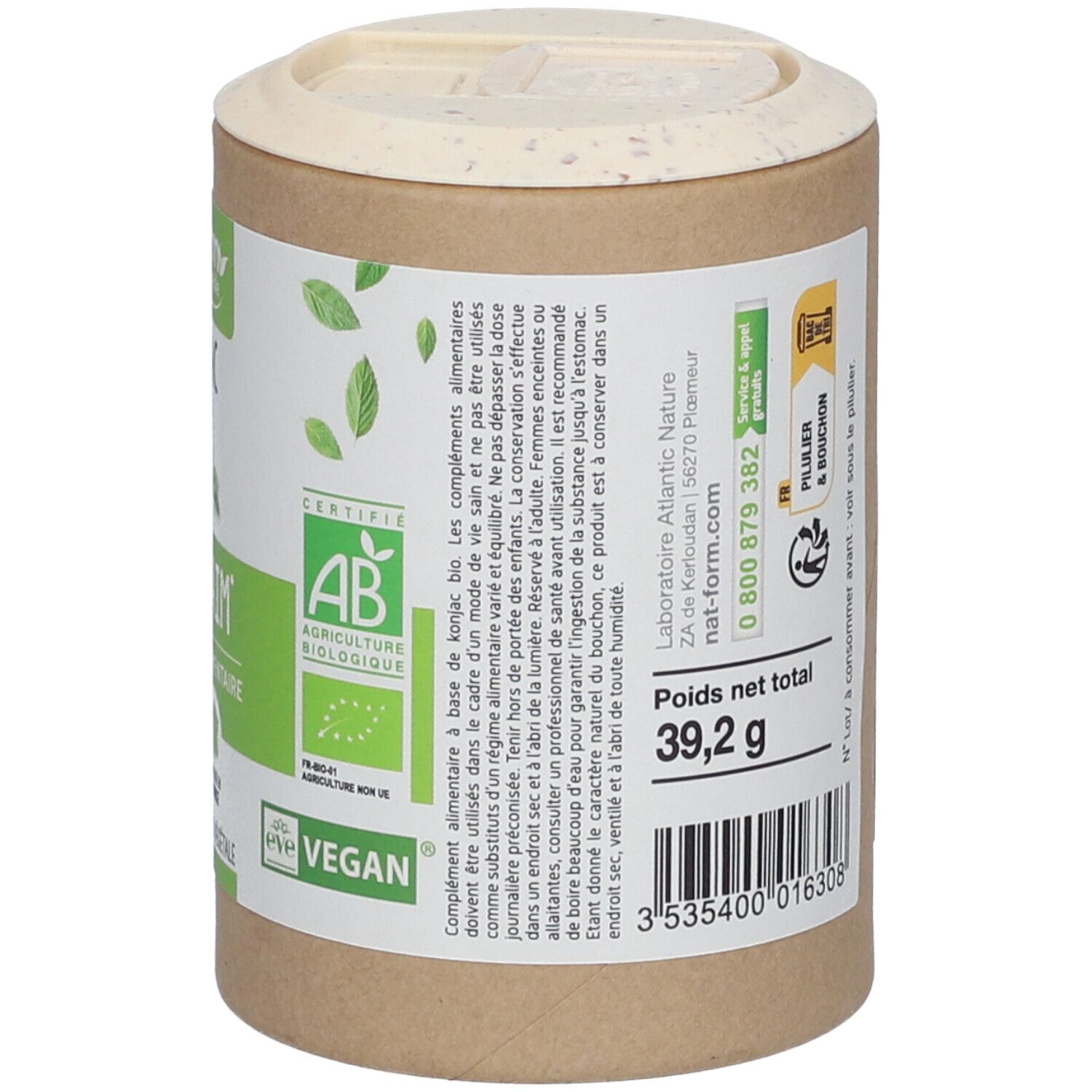 Zylindrische Dose, Rückseite. Text: Inhaltsstoffe, Nettogewicht 39,2 g. Zertifizierungen: Bio. Hergestellt in Frankreich. Chargennummer.