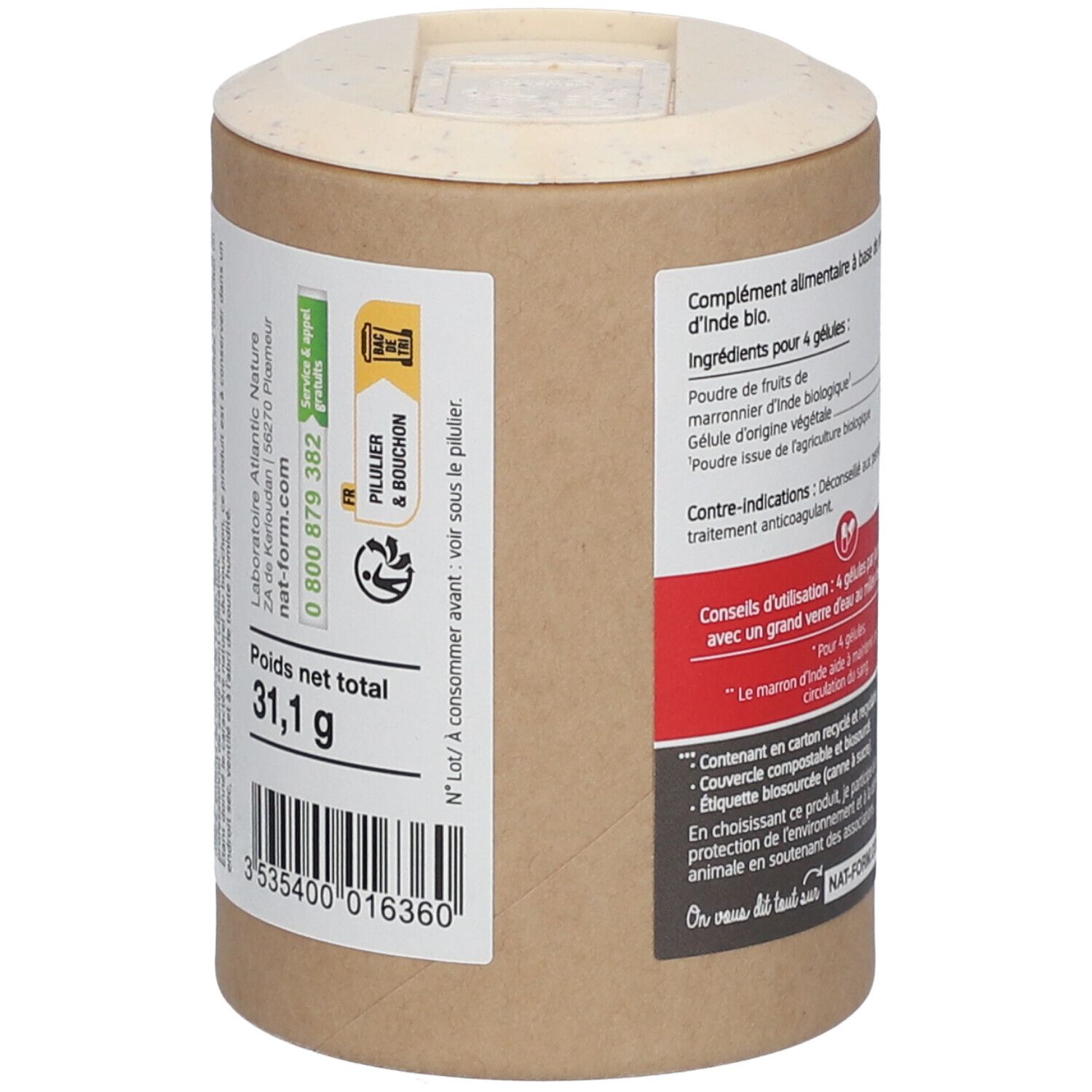 Boîte avec couvercle. Inscription: Marron d'Inde Bio. Poids total 31,1 g. Informations fabricant et recyclage.