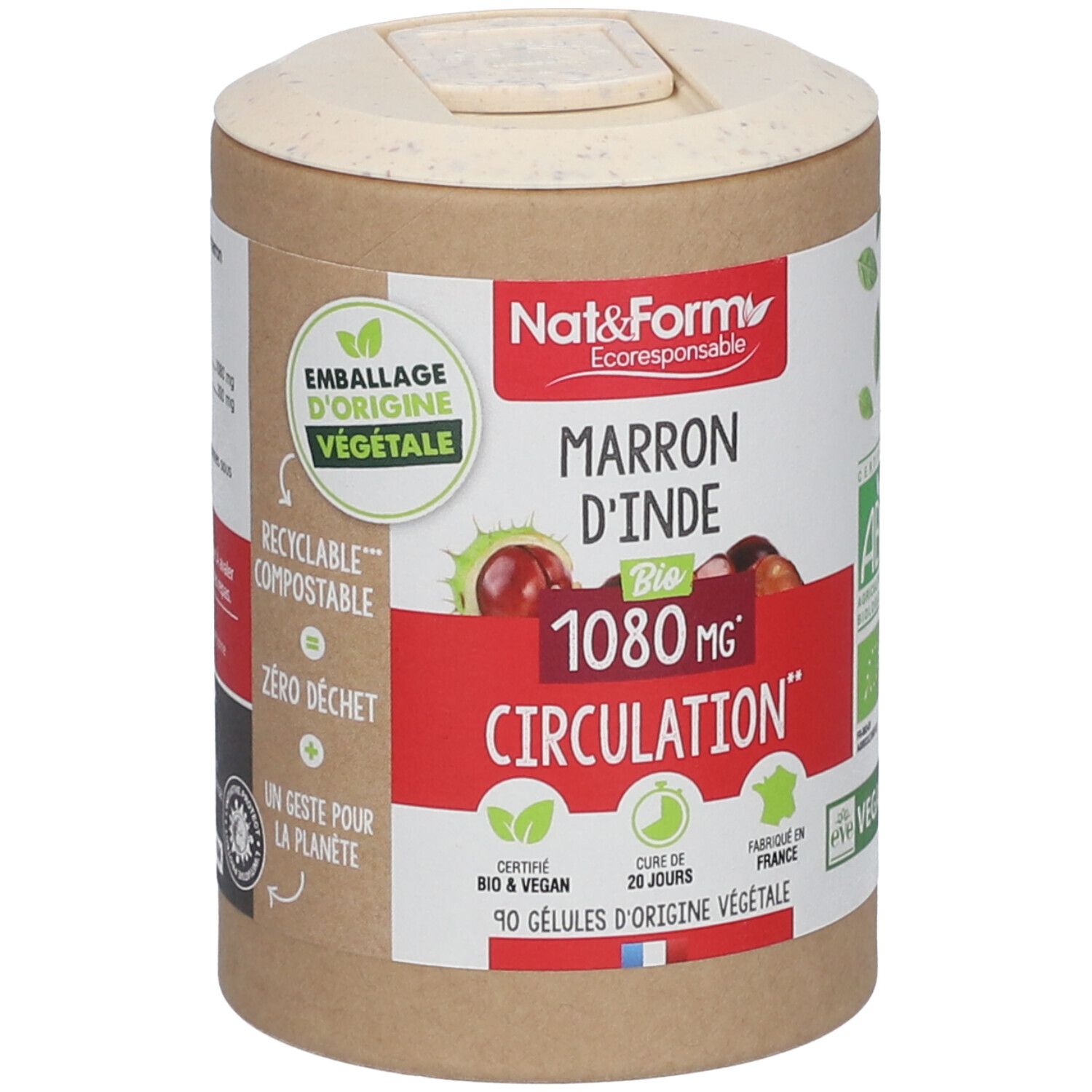 Boîte cylindrique avec couvercle. Inscription: Marron d'Inde Bio, 1080 MG Circulation. Certifications: AB, Vegan.