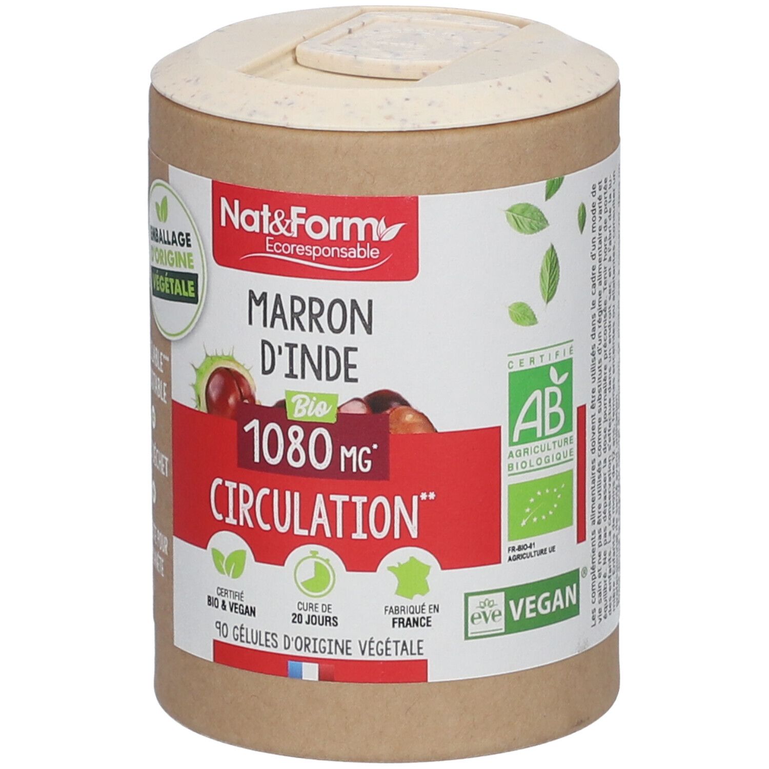 Boîte cylindrique avec couvercle. Inscription: Marron d'Inde Bio, 1080 MG Circulation. Certifications: AB, Vegan.