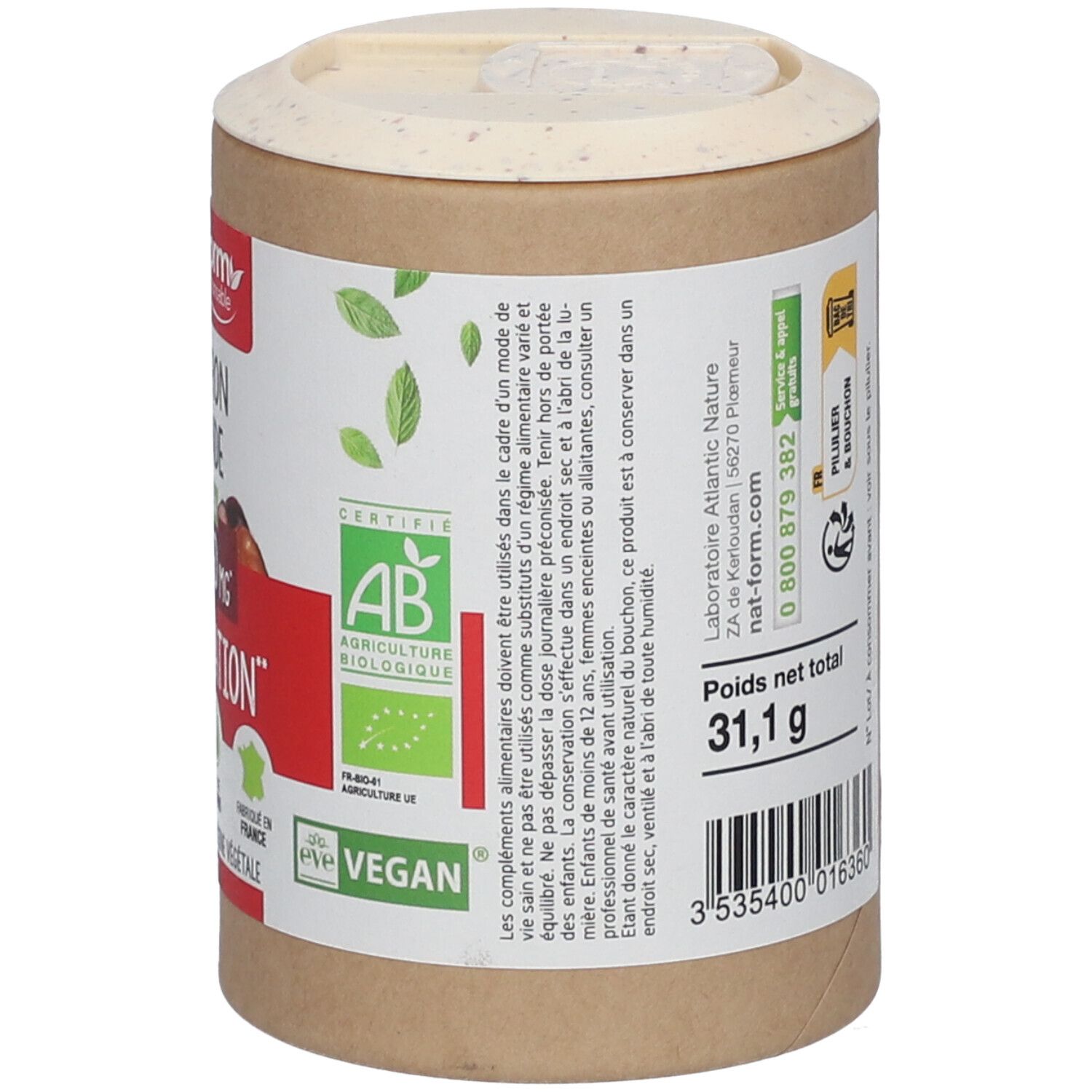 Dos de la boîte. Inscription: Marron d'Inde Bio, 1080 MG Circulation. Certifications: AB, Vegan. Informations.