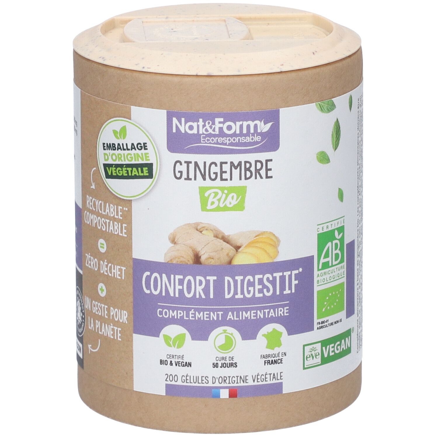 Boîte cylindrique avec couvercle. Inscription: Gingembre Bio, Confort Digestif. Certifications: AB, Vegan. 200 gélules.