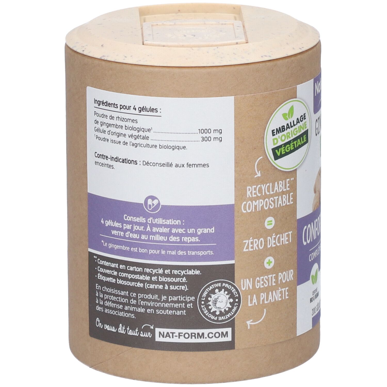 Dos de la boîte. Texte: Ingrédients, conseils d'utilisation. Certification: Emballage végétal, recyclable, compostable.
