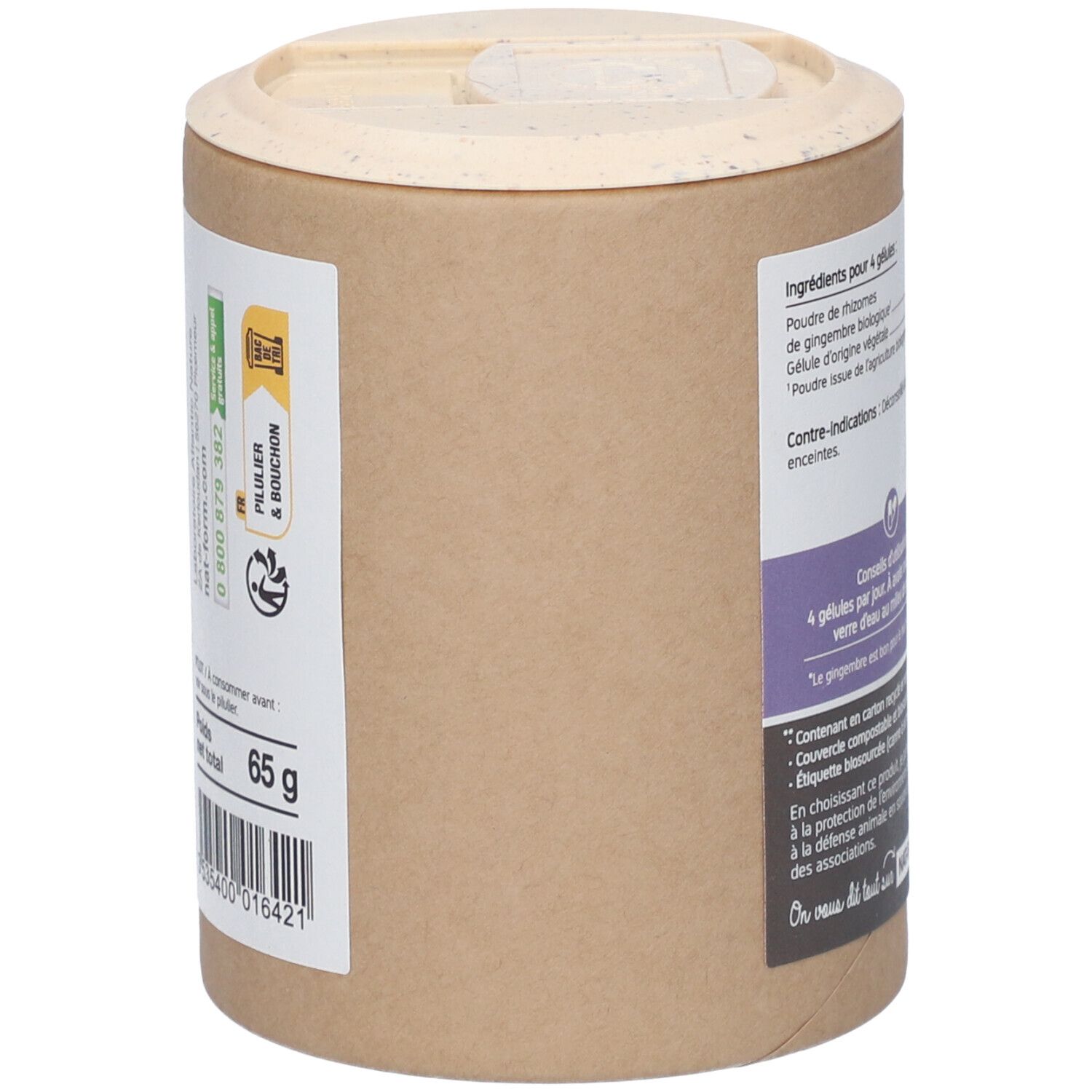 Boîte avec couvercle. Inscription: 65 g. Code-barres. Texte: Ingrédients, conseils d'utilisation. Certification: Emballage végétal.