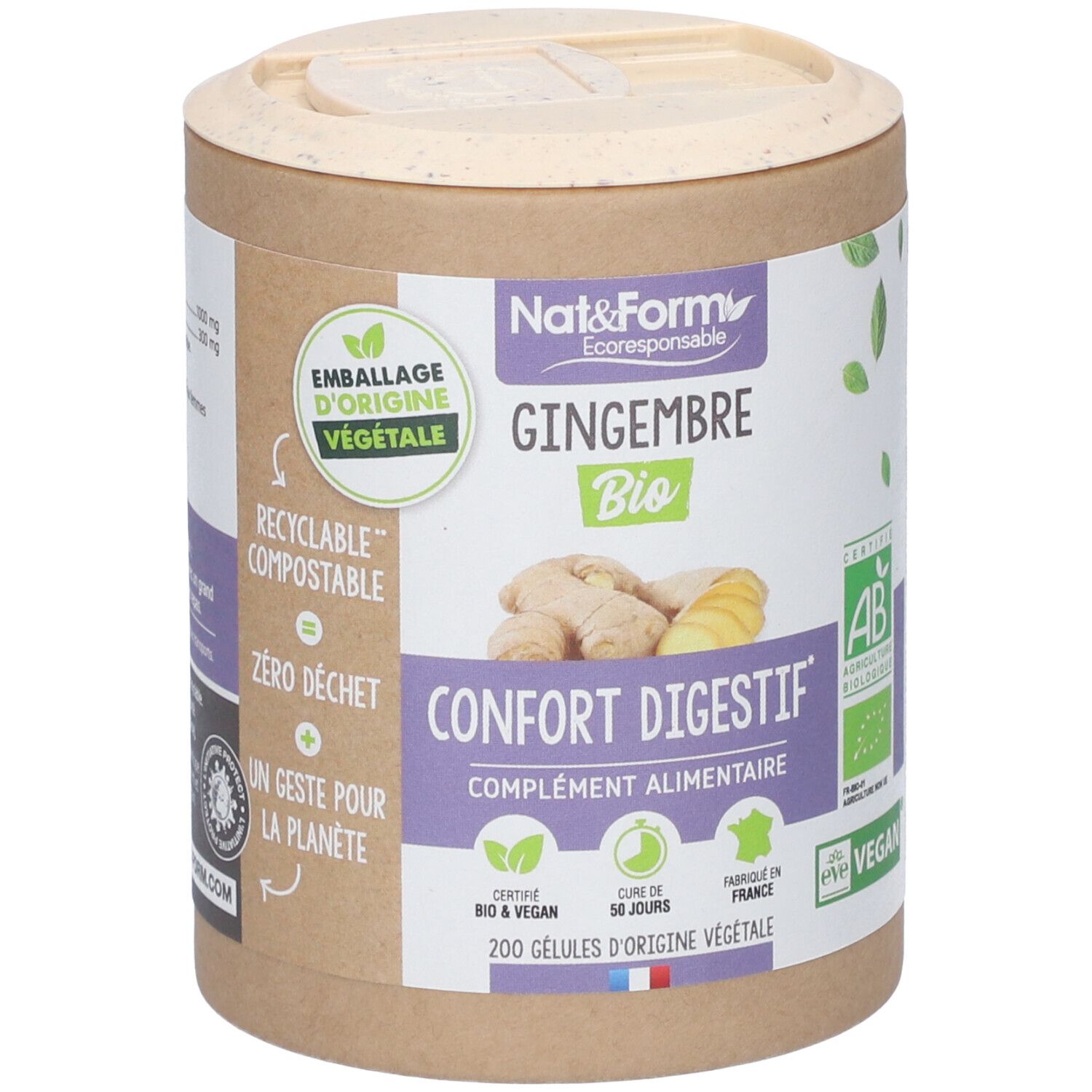 Boîte cylindrique avec couvercle. Inscription: Gingembre Bio, Confort Digestif. Certifications: AB, Vegan. 200 gélules.