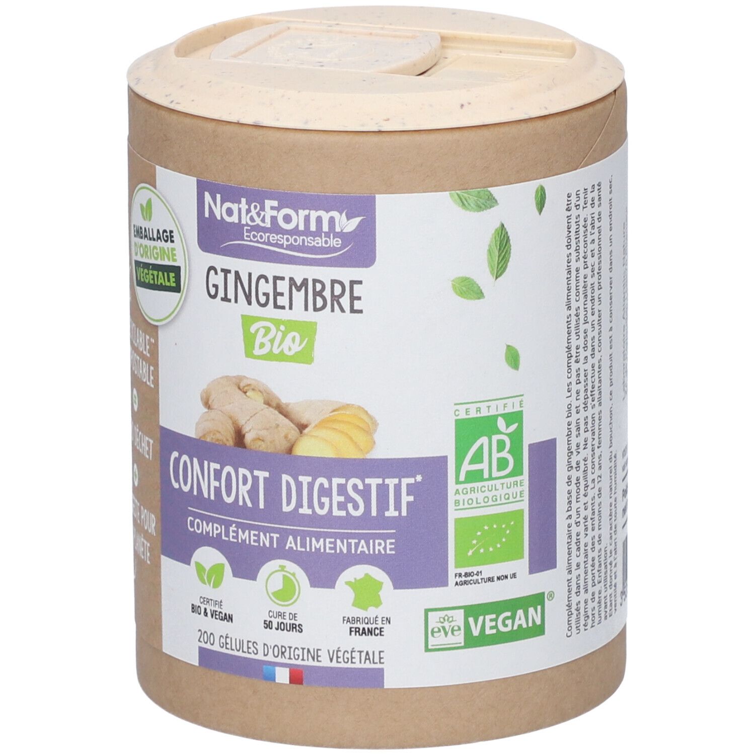 Boîte cylindrique avec couvercle. Inscription: Gingembre Bio, Confort Digestif. Certifications: AB, Vegan. 200 gélules. Fabriqué en France.