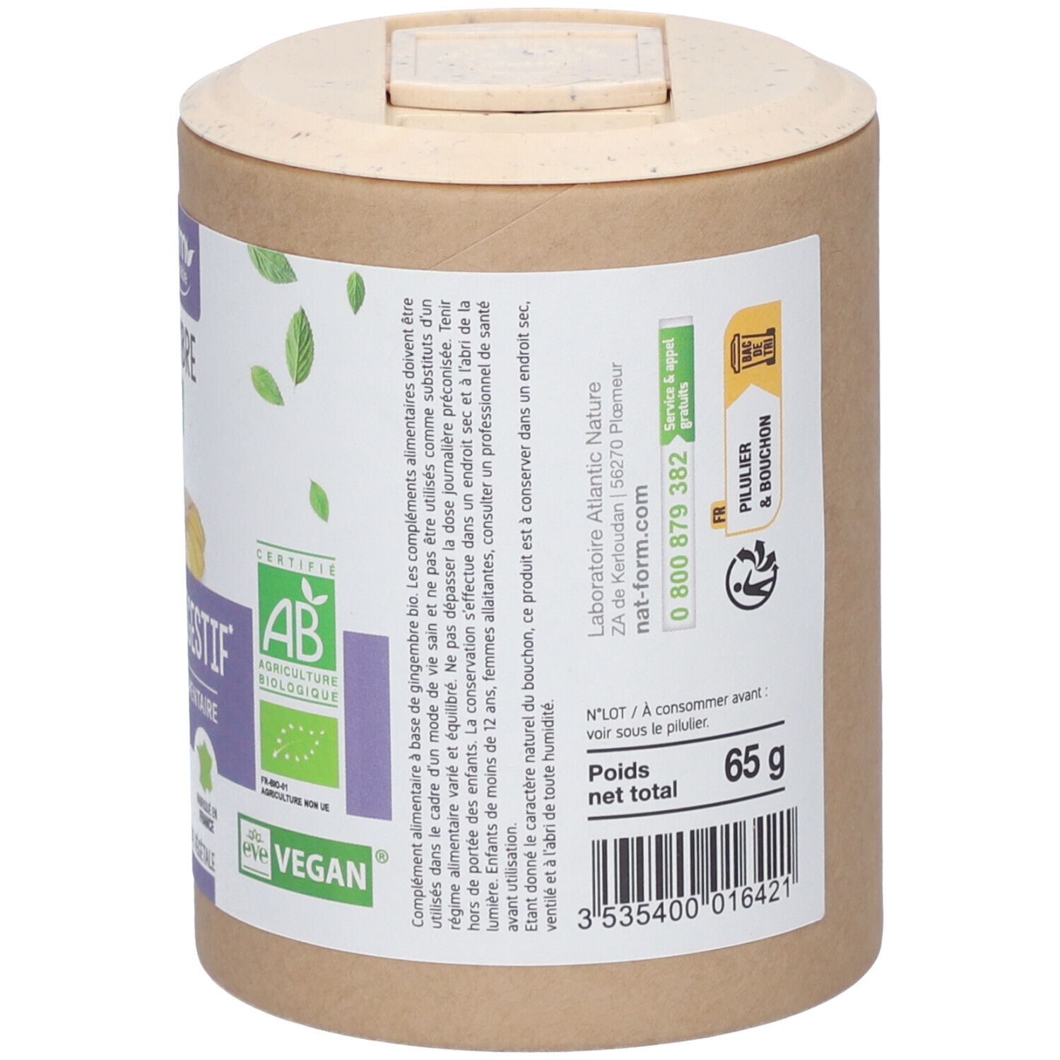 Dos de la boîte. Inscription: 65 g. Code-barres. Texte: Ingrédients, conseils d'utilisation. Certification: AB, Vegan.