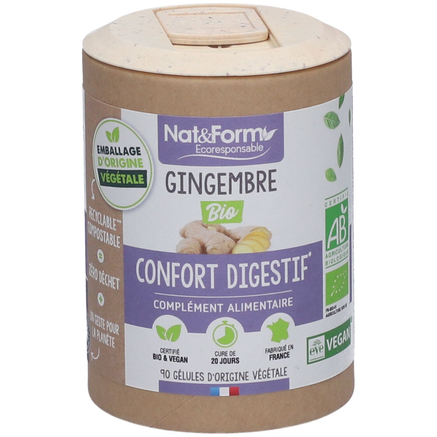 Boîte cylindrique avec couvercle. Inscription: GINGEMBRE BIO, Confort Digestif. Certifications: Bio, Vegan, Fabriqué en France.
