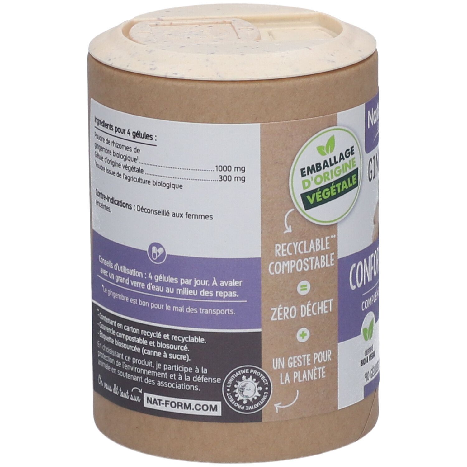 Dos de la boîte. Liste des ingrédients pour 4 gélules. Texte: Recyclable, compostable, zéro déchet. Logo et site web Nat&Form.