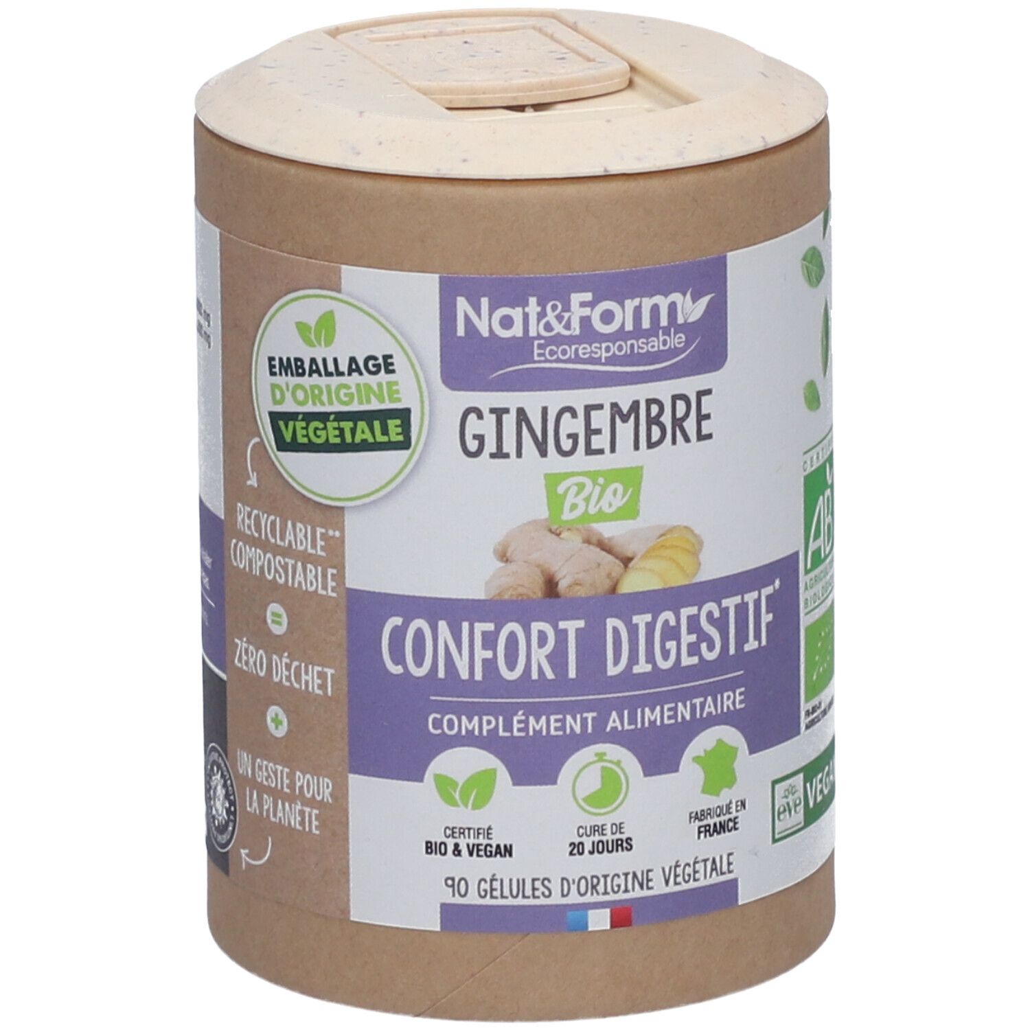 Boîte cylindrique avec couvercle. Inscription: GINGEMBRE BIO, Confort Digestif. Certifications: Bio, Vegan, Fabriqué en France.
