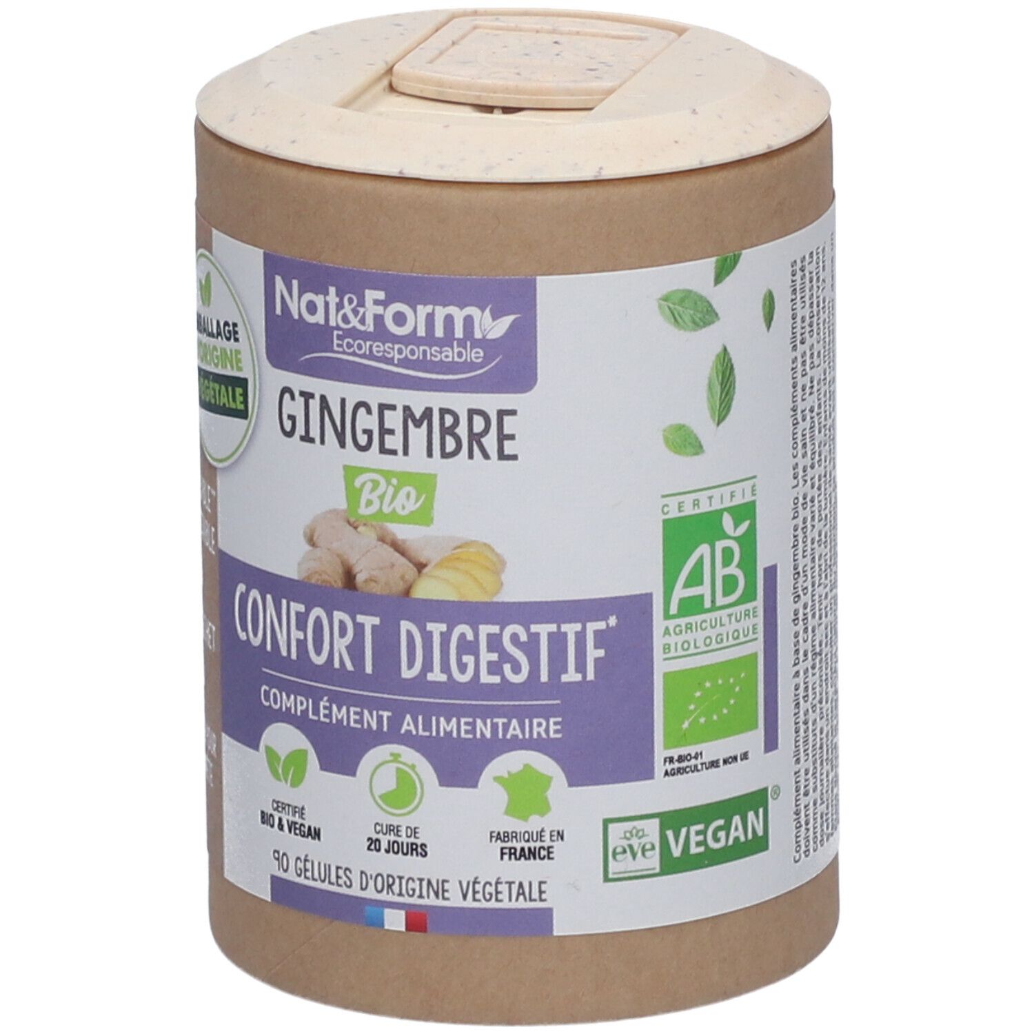 Boîte cylindrique avec couvercle. Inscription: GINGEMBRE BIO, Confort Digestif. Certifications: Bio, Vegan, Fabriqué en France.