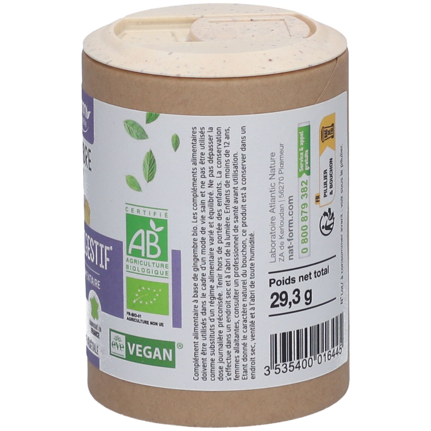 Boîte vue de côté. Poids total 29,3 g. Certifications: Bio, Vegan. Coordonnées et code-barres.
