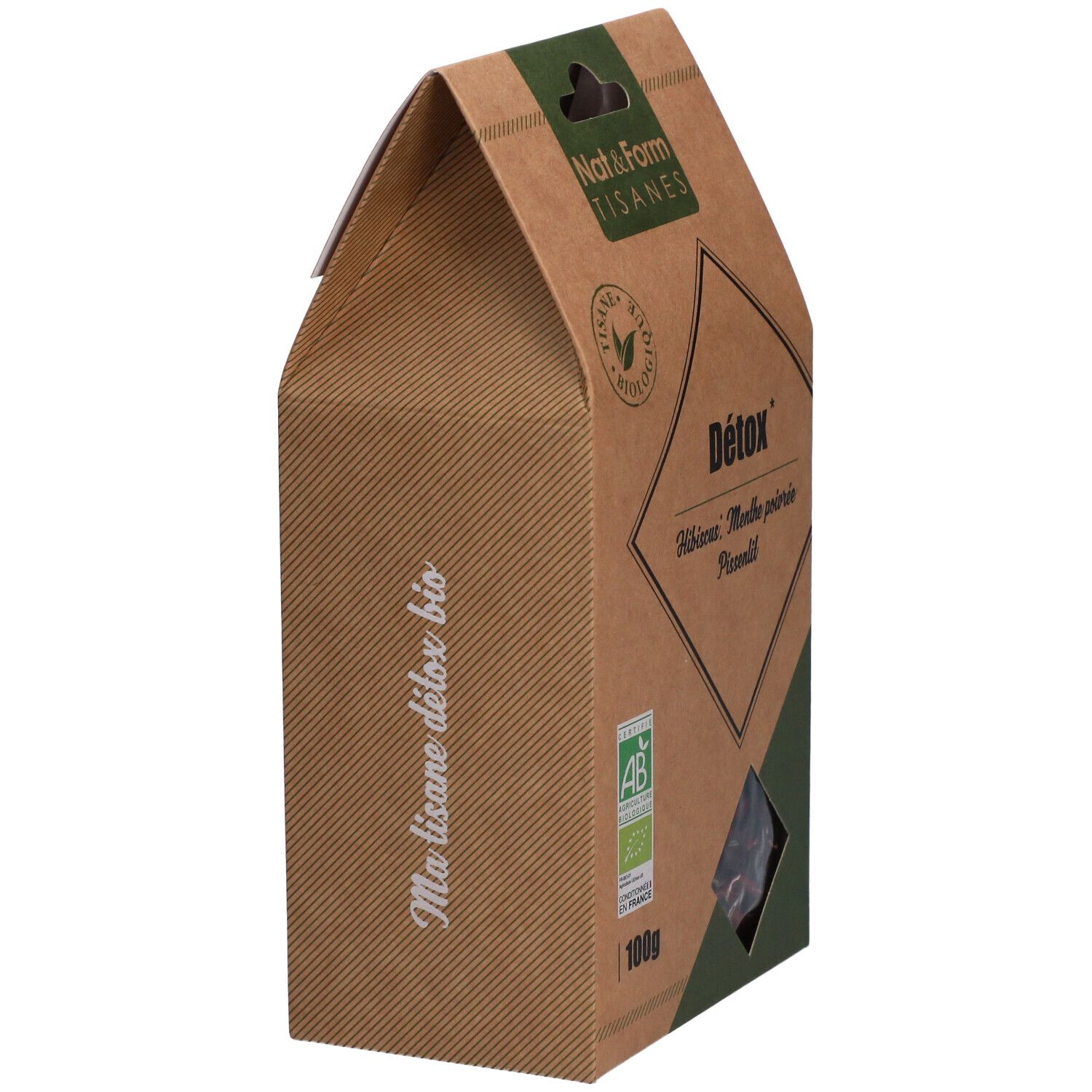 Boîte en carton, vue latérale. Inscription: Ma tisane détox bio. Logo: AB, 100g.