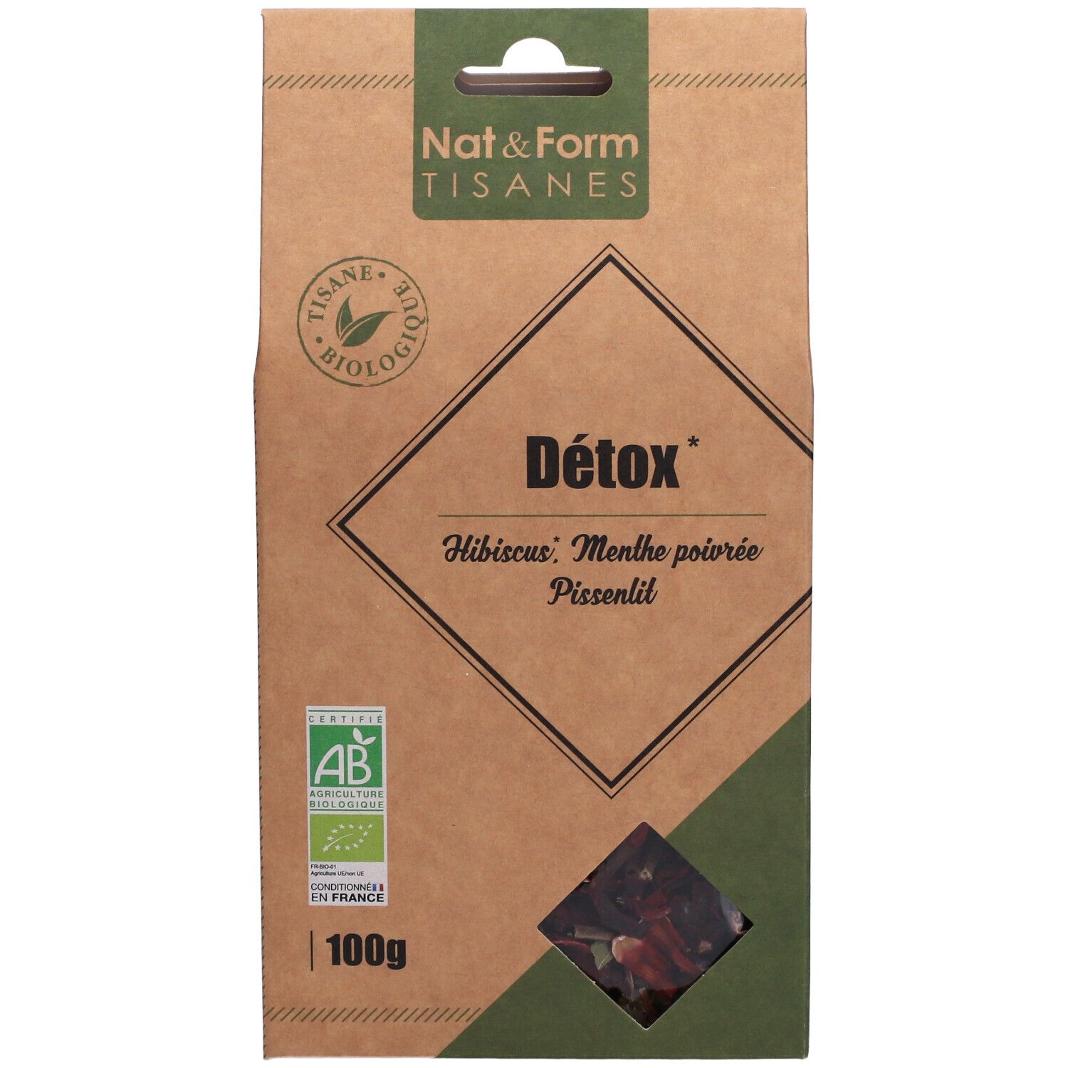 Boîte en carton avec fenêtre. Inscription: Détox, Hibiscus, Menthe poivrée, Pissenlit. Logos: AB, 100g.