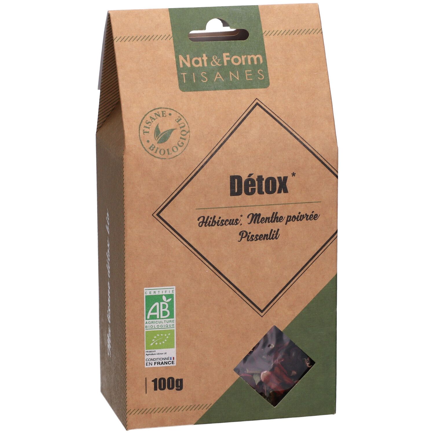Boîte en carton avec fenêtre. Inscription: Détox, Hibiscus, Menthe poivrée, Pissenlit. Logos: AB, 100g.