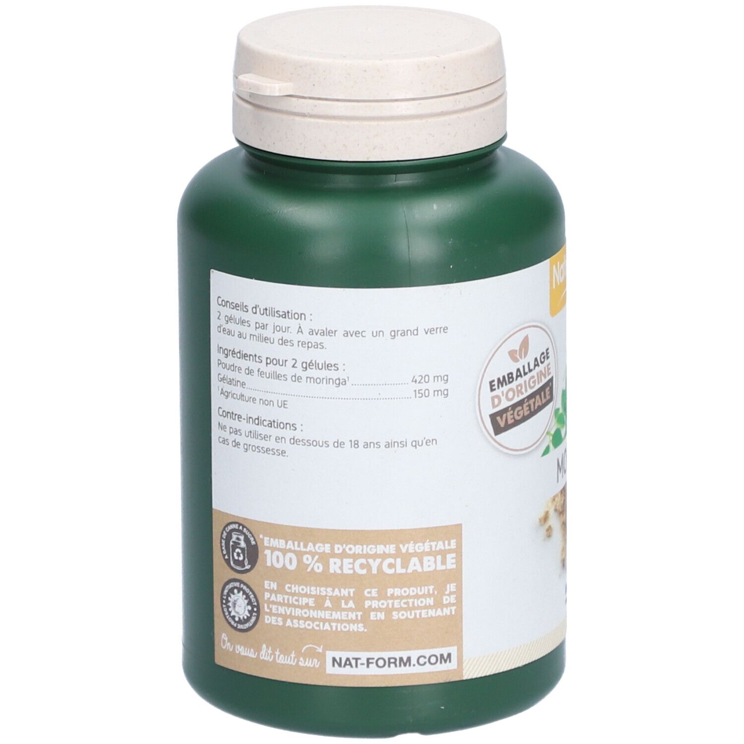 Rückseite einer grünen Flasche mit weißem Deckel. Text: Anwendungshinweise, Zutaten, Gegenanzeigen. 100% recycelbar.