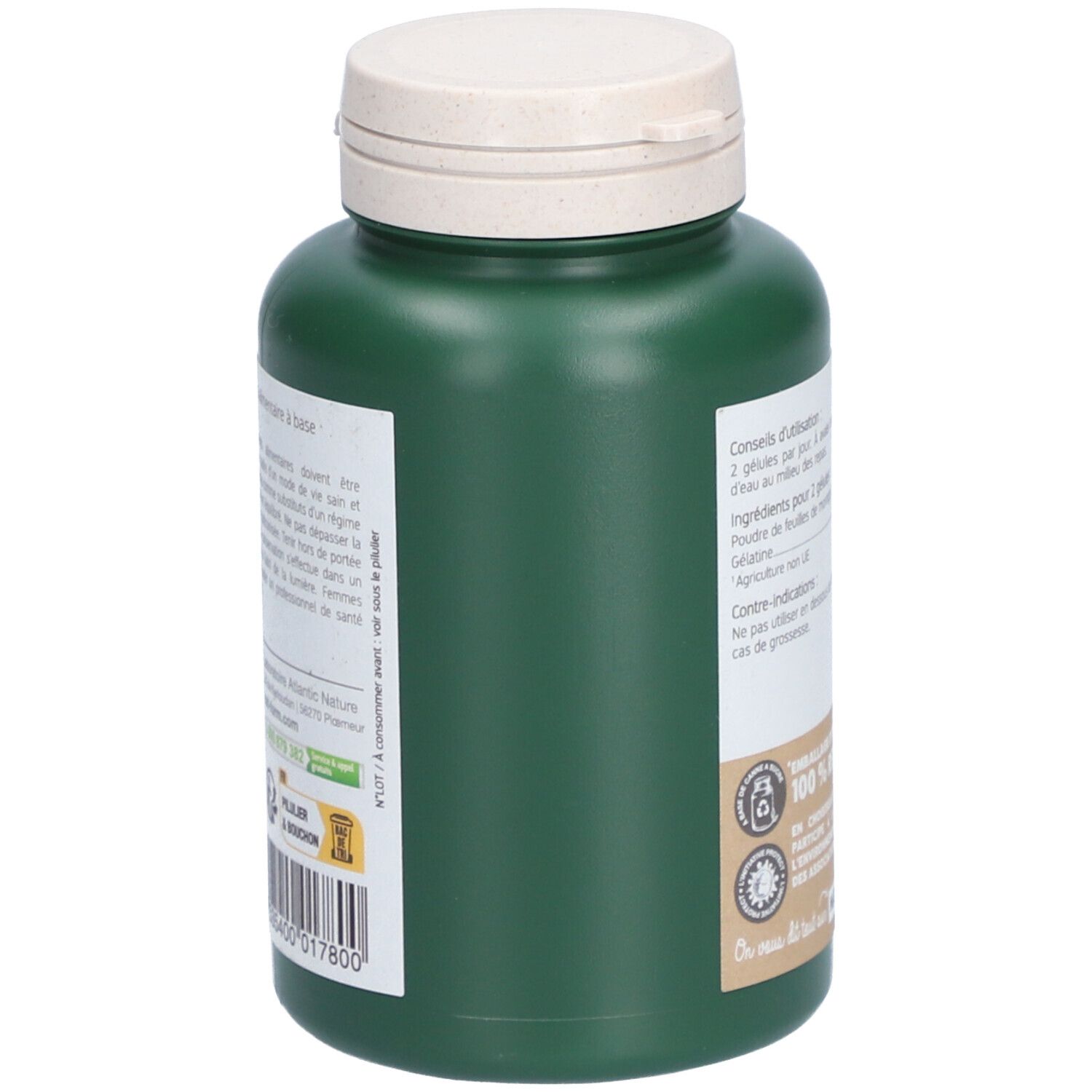 Seitenansicht einer grünen Flasche mit weißem Deckel. Text: Informationen zur Anwendung und Inhaltsstoffe. 100% recycelbar.