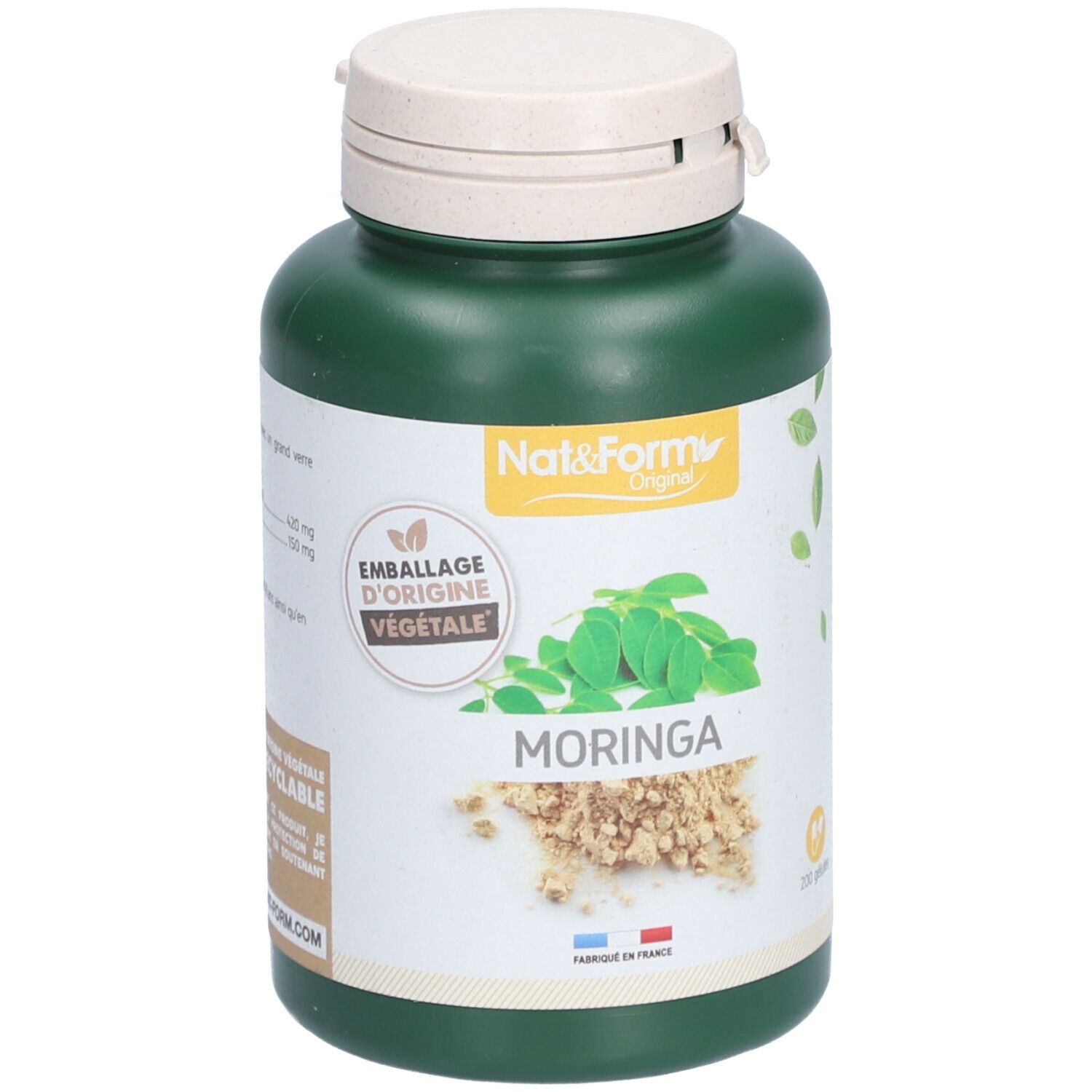 Grüne Flasche mit weißem Deckel. Aufschrift: Nat&Form Original, MORINGA. Abbildung von Blättern und Pulver. Hergestellt in Frankreich.