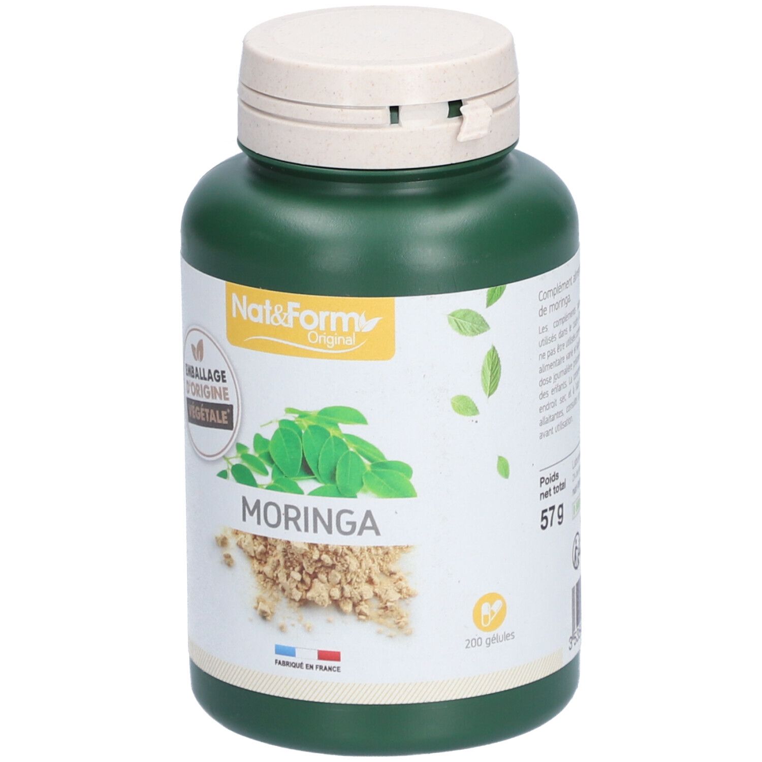 Grüne Flasche mit weißem Deckel. Aufschrift: Nat&Form Original, MORINGA. Nettogewicht 57g. 200 Kapseln.