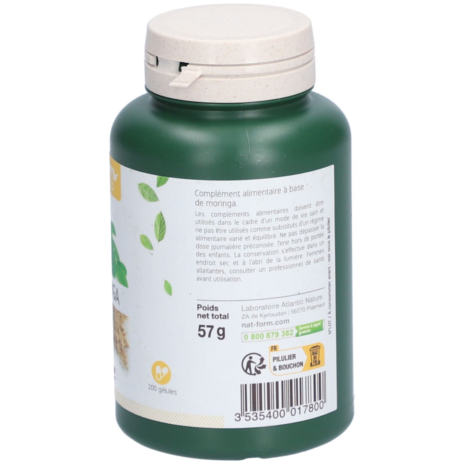 Rückseite einer grünen Flasche mit weißem Deckel. Text: Nahrungsergänzungsmittel auf Moringa-Basis. Nettogewicht 57g. 200 Kapseln.