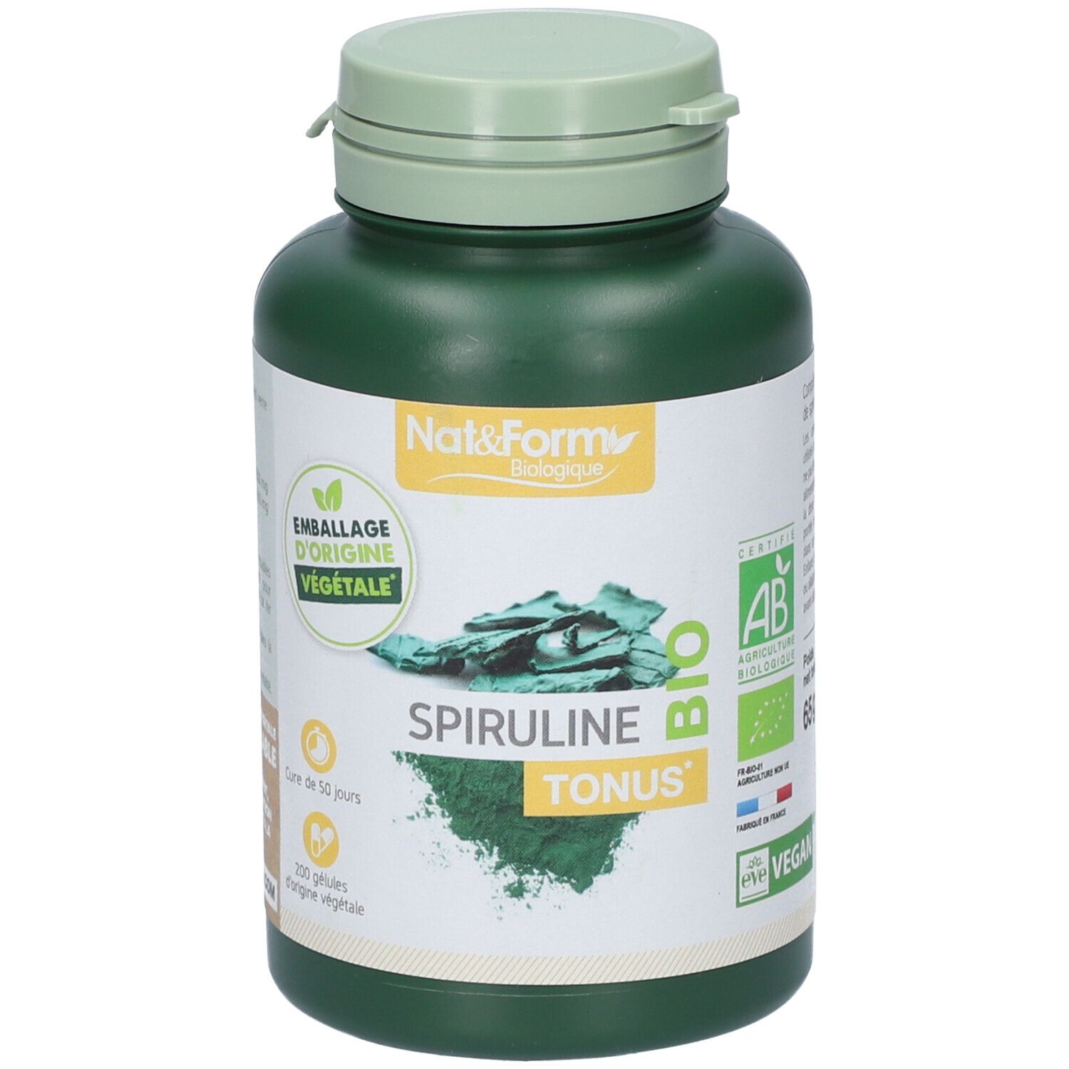 Flacon vert de Spiruline Bio Tonus. Inscription Nat&Form, AB, Vegan. Emballage d'origine végétale. Contient 200 gélules.