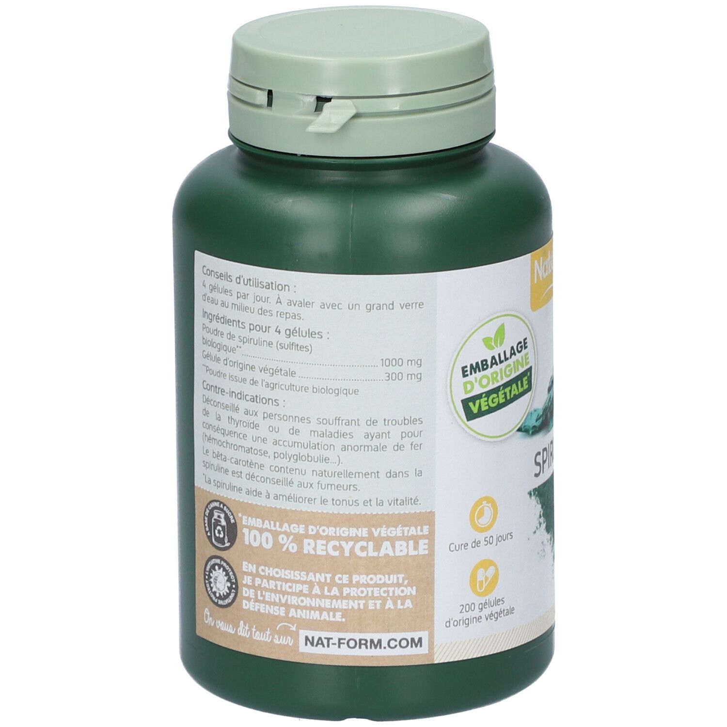 Dos du flacon vert de Spiruline. Inscriptions: conseils d'utilisation, ingrédients, 100% recyclable, 200 gélules, Nat-Form.