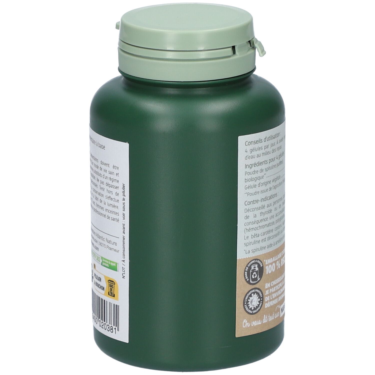 Flacon vert de Spiruline, vue latérale. Inscriptions: conseils d'utilisation, ingrédients, 100% recyclable, Nat-Form.