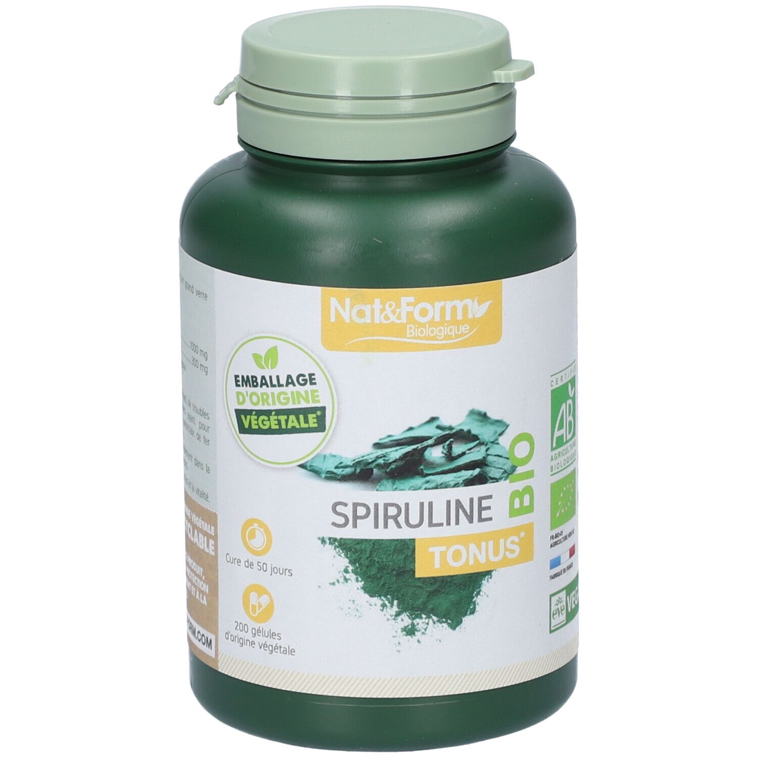 Flacon vert de Spiruline Bio Tonus. Inscription Nat&Form, AB, Vegan. Emballage d'origine végétale. Contient 200 gélules.