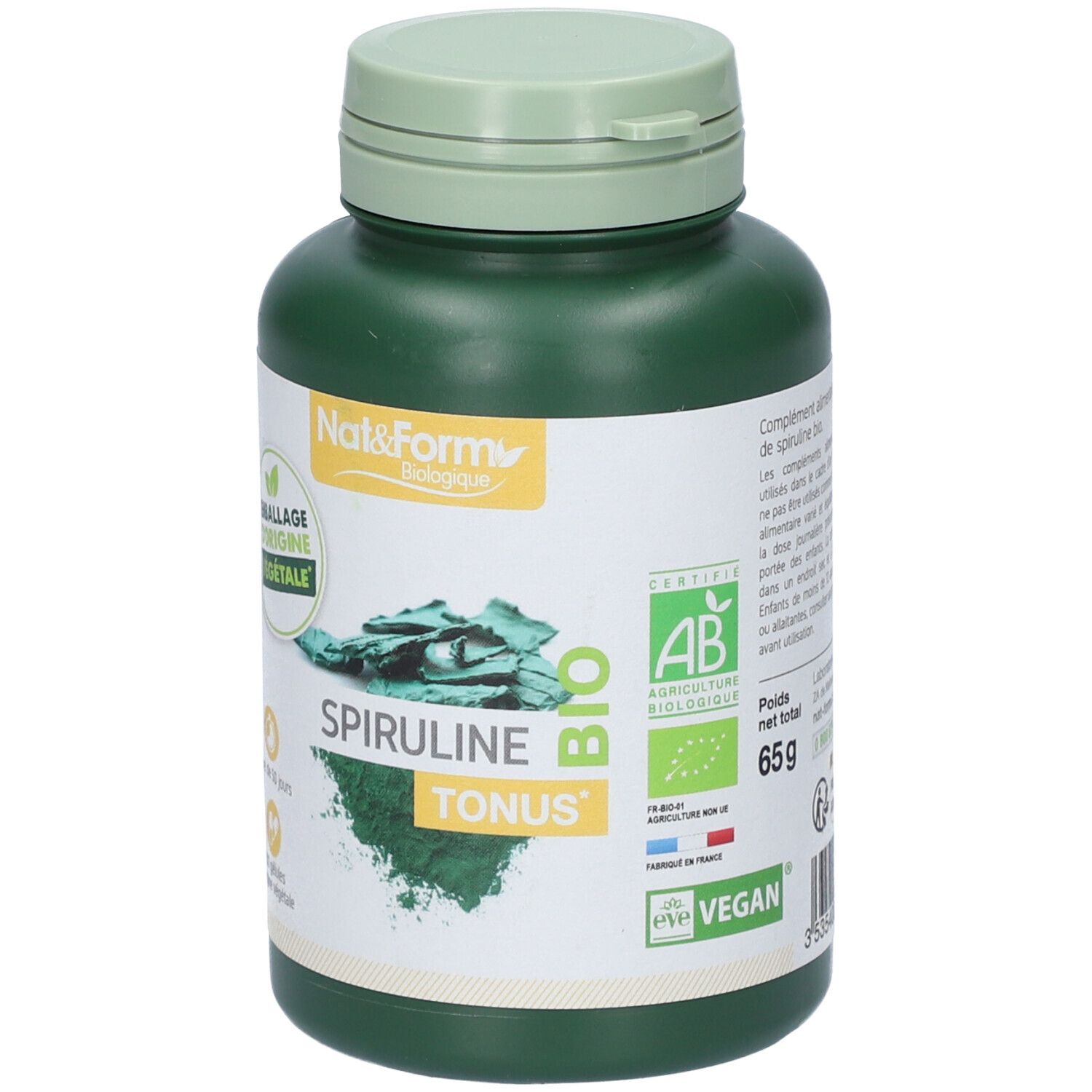 Flacon vert de Spiruline Bio Tonus. Inscription Nat&Form, AB, Vegan. Poids net: 65g.
