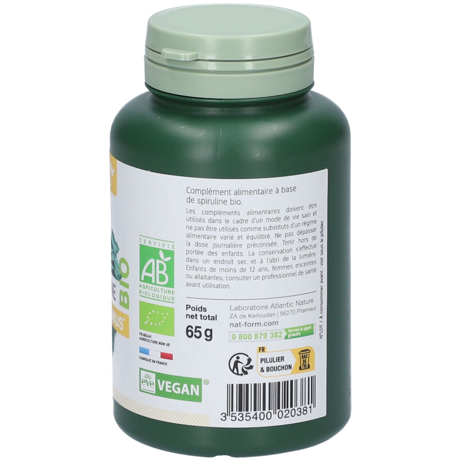 Dos du flacon vert de Spiruline. Inscriptions: complément alimentaire, label AB, Vegan, 65g, informations fabricant.