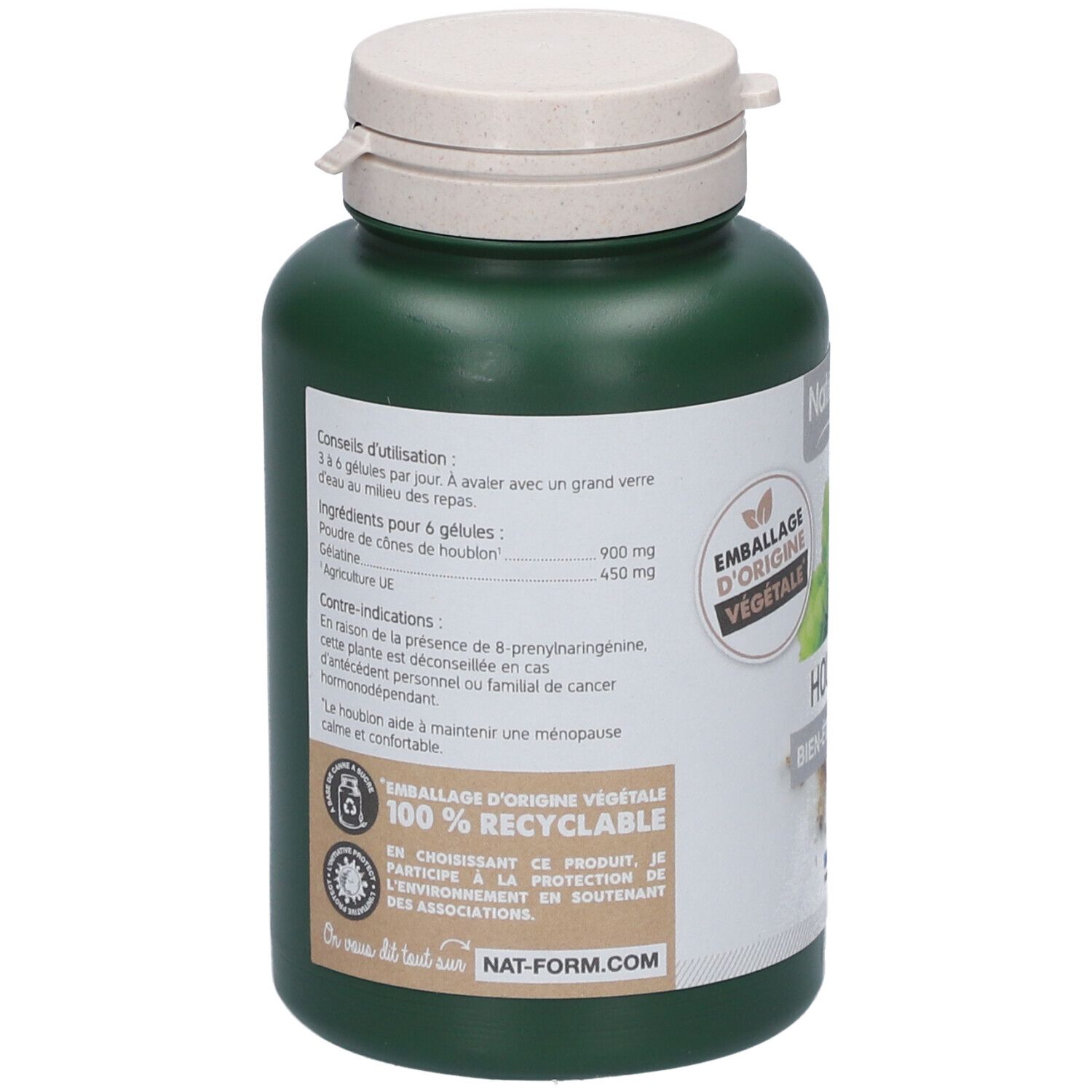 Rückseite der grünen Flasche. Text: Gebrauchsanweisung, Zutaten, Gegenanzeigen. Verpackung aus 100% recycelbarem Material. Nat-form.com.