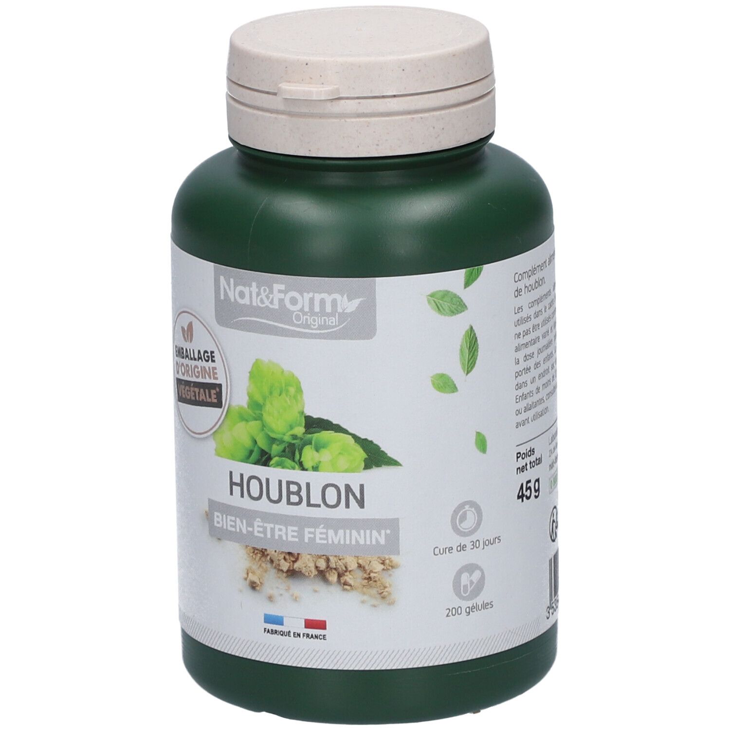 Grüne Flasche mit weißem Deckel. Aufschrift: Nat&Form, HOUBLON, Bien-être féminin. Verpackung aus pflanzlicher Herkunft. 200 Kapseln. 45g.
