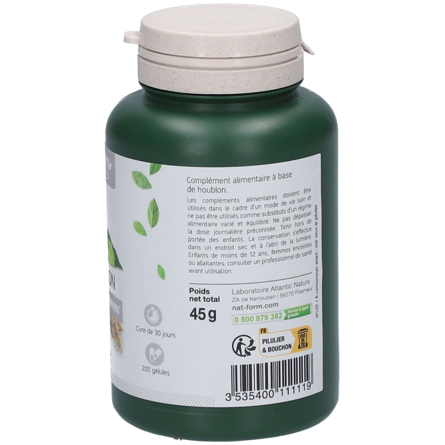 Rückseite der grünen Flasche. Text: Nahrungsergänzungsmittel, Gewicht 45g, 200 Kapseln. Laboratoire Atlantic Nature. Nat-form.com.