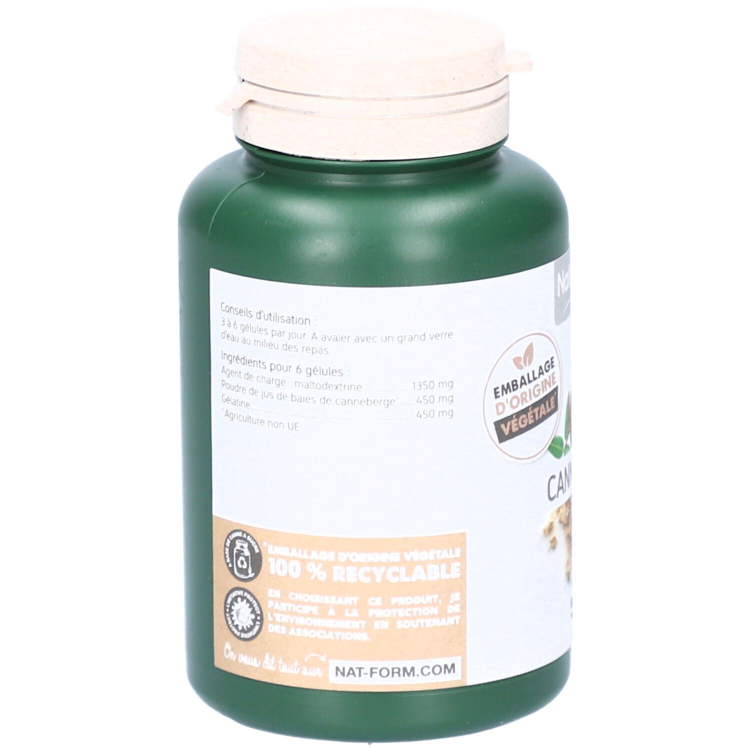 Dos du flacon vert. Texte avec ingrédients et dosage. Logo: Emballage d'origine végétale. 100% recyclable.