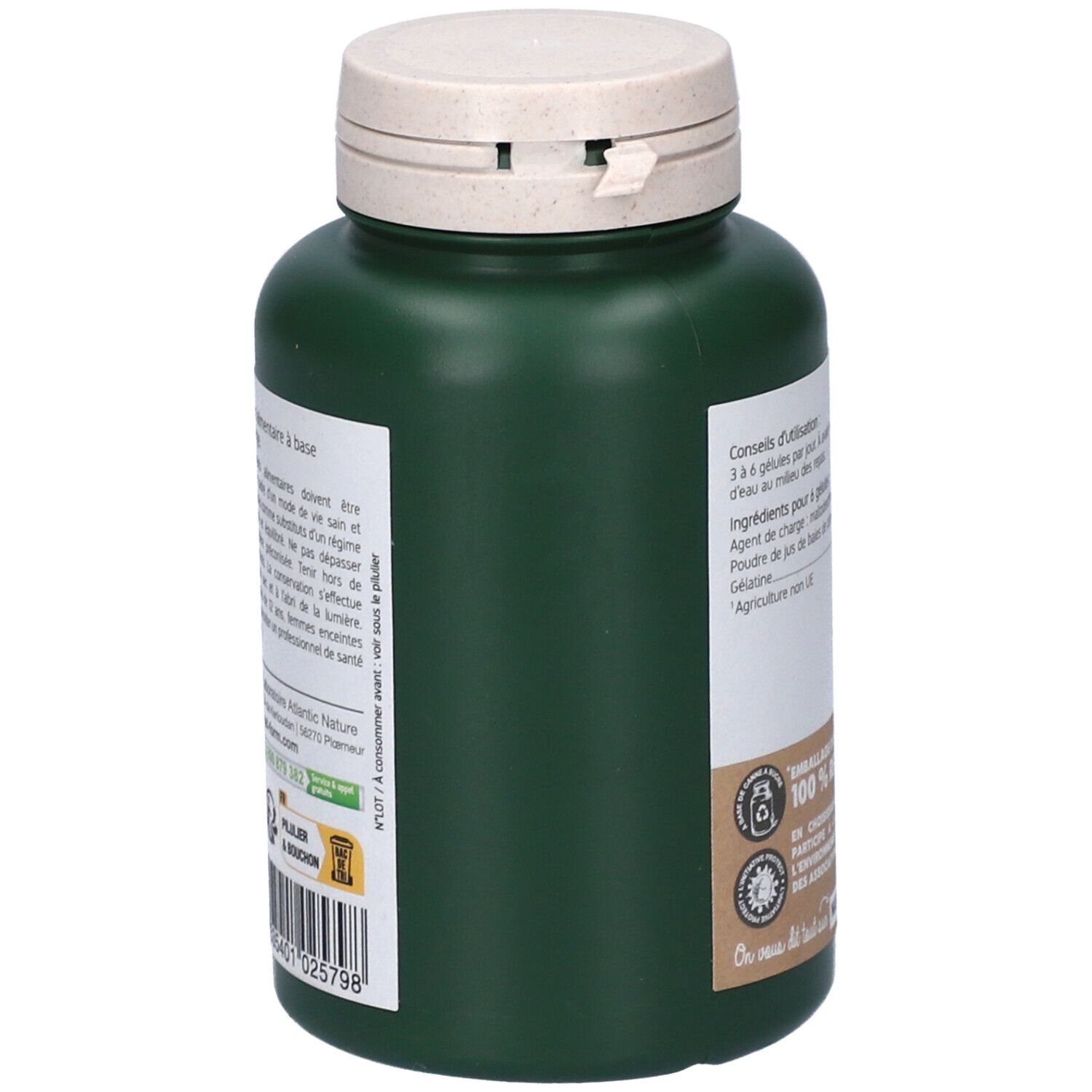 Flacon vert, vue latérale. Texte avec ingrédients et dosage. Logo: Emballage d'origine végétale. 100% recyclable.