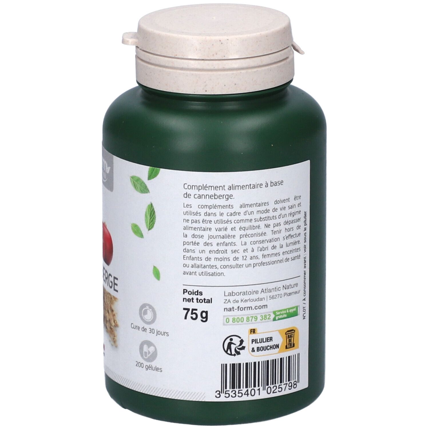 Dos du flacon vert. Texte avec ingrédients et dosage. Logo: CANNEBERGE, Nat&Form. 75g.