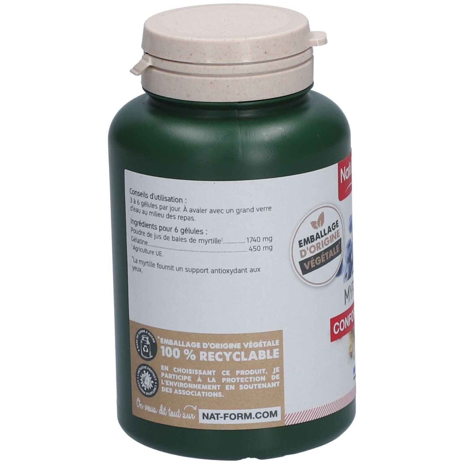 Rückseite der grünen Flasche. Etikett mit Informationen zu Inhaltsstoffen und Gebrauchsanweisung. "Emballage d'origine végétale 100% recyclable".