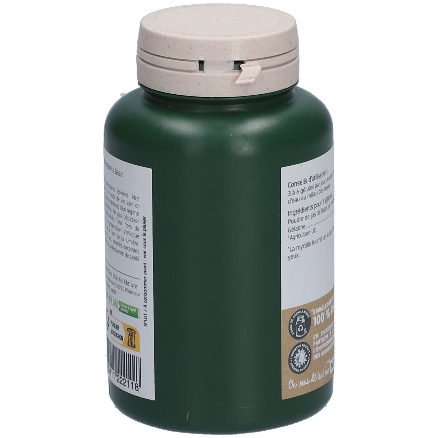 Grüne Flasche, Rückseite. Etikett mit Inhaltsstoffen, Gebrauchsanweisung und Zertifizierungen. "Emballage d'origine végétale 100% recyclable".