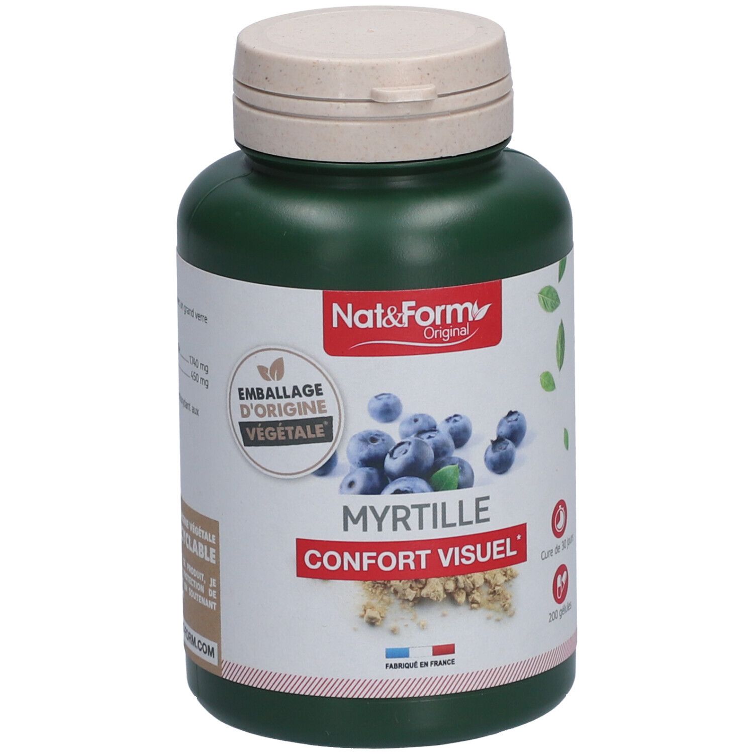 Grüne Flasche mit weißem Deckel. Etikett mit Produktname MYRTILLE, Blaubeeren-Illustration und Marke Nat&Form. "Emballage d'origine végétale".