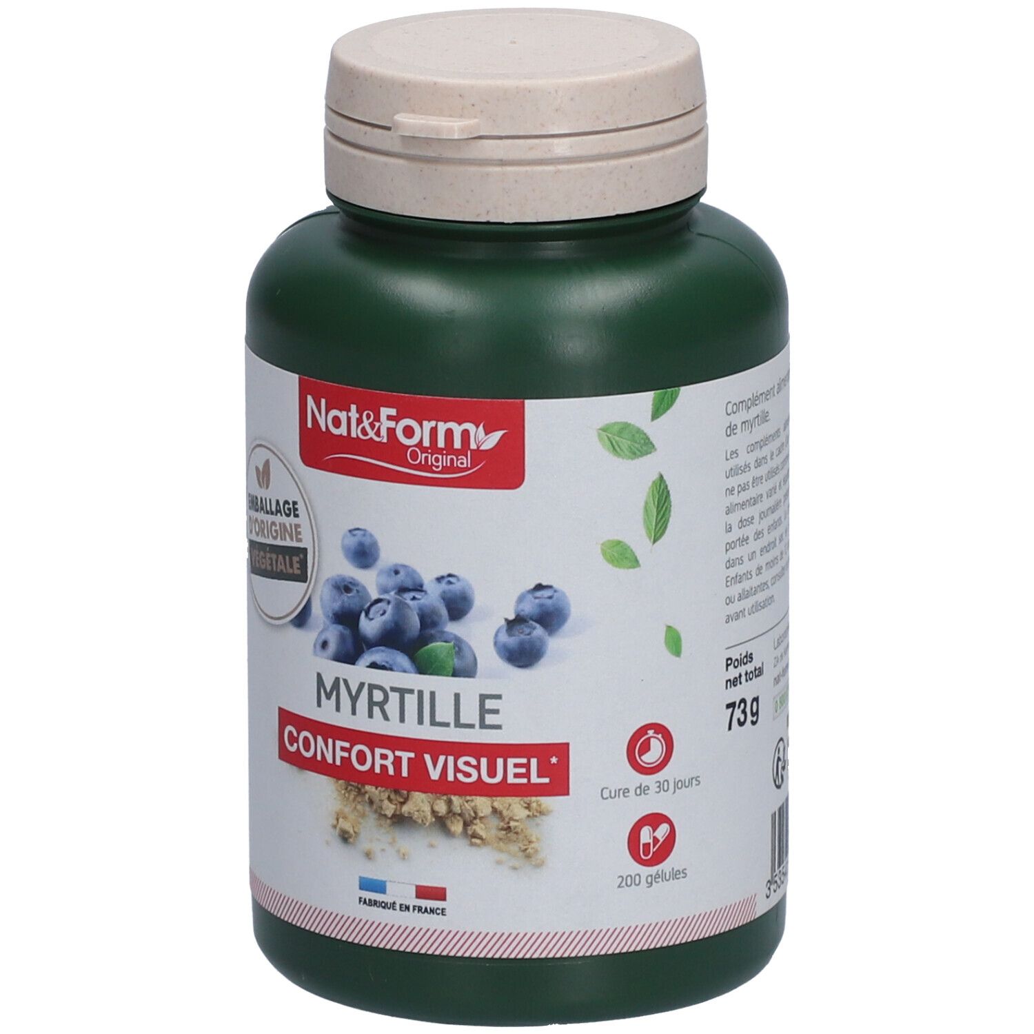 Grüne Flasche mit weißem Deckel. Etikett mit Produktname MYRTILLE, Blaubeeren-Illustration und Marke Nat&Form. "Cure de 30 jours".
