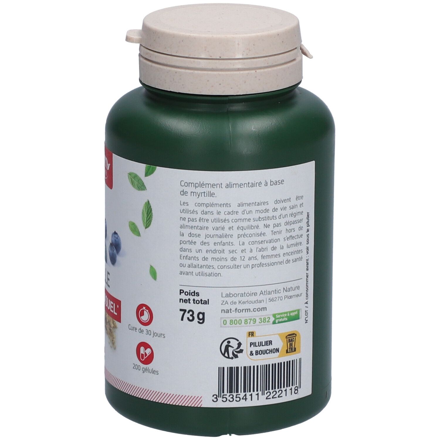 Rückseite der grünen Flasche. Etikett mit Inhaltsstoffen, Gebrauchsanweisung und Herstellerinformationen. "Cure de 30 jours".
