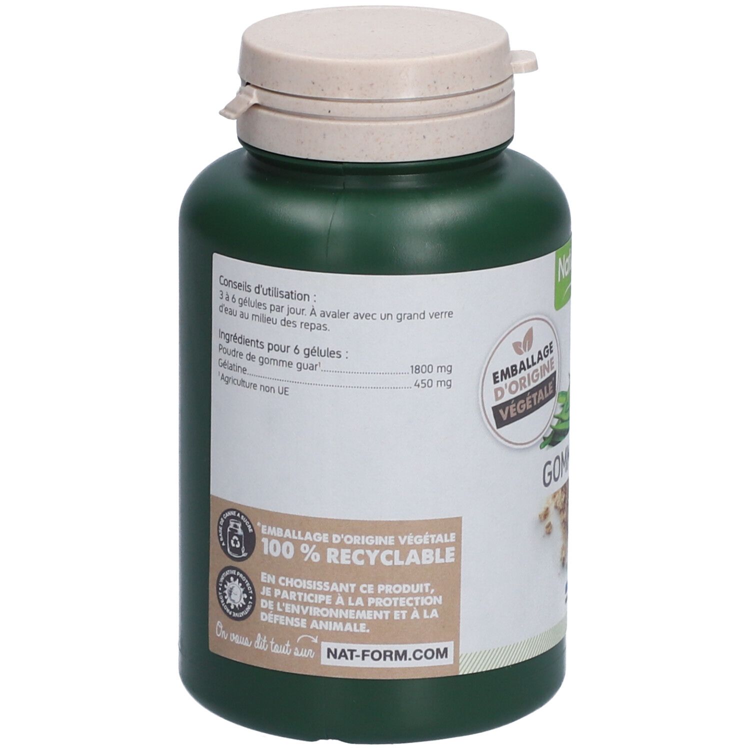 Dos d'un flacon vert avec bouchon beige. Étiquette avec informations ingrédients, conseils d'utilisation et logo de recyclage.