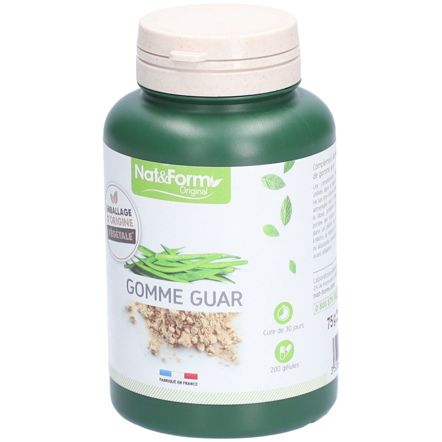 Flacon vert avec bouchon beige. Étiquette : Nat&Form, GOMME GUAR, 200 gélules, drapeau français, emballage végétal.