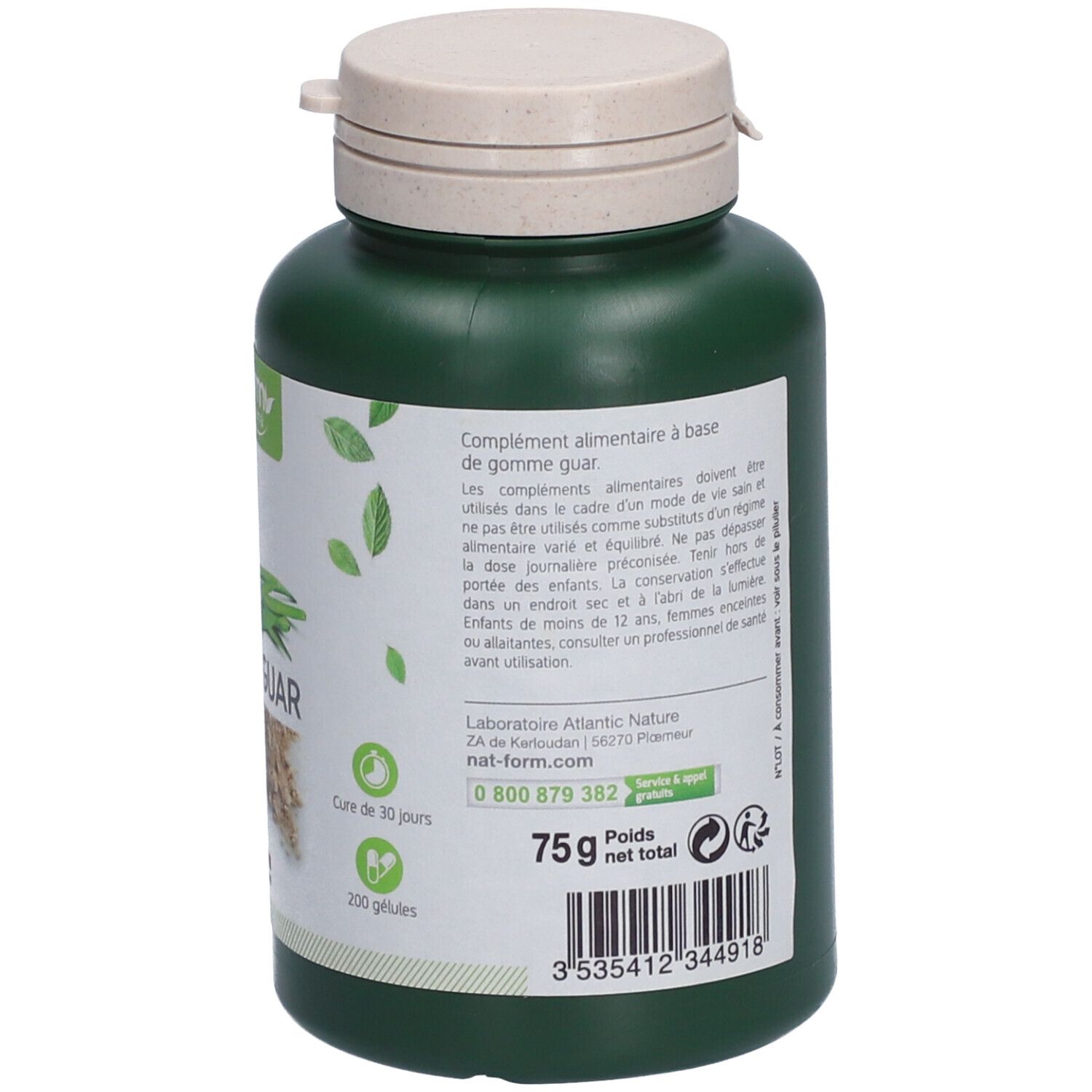 Dos d'un flacon vert avec bouchon beige. Étiquette avec ingrédients, conseils d'utilisation, 75g, 200 gélules, code-barres.