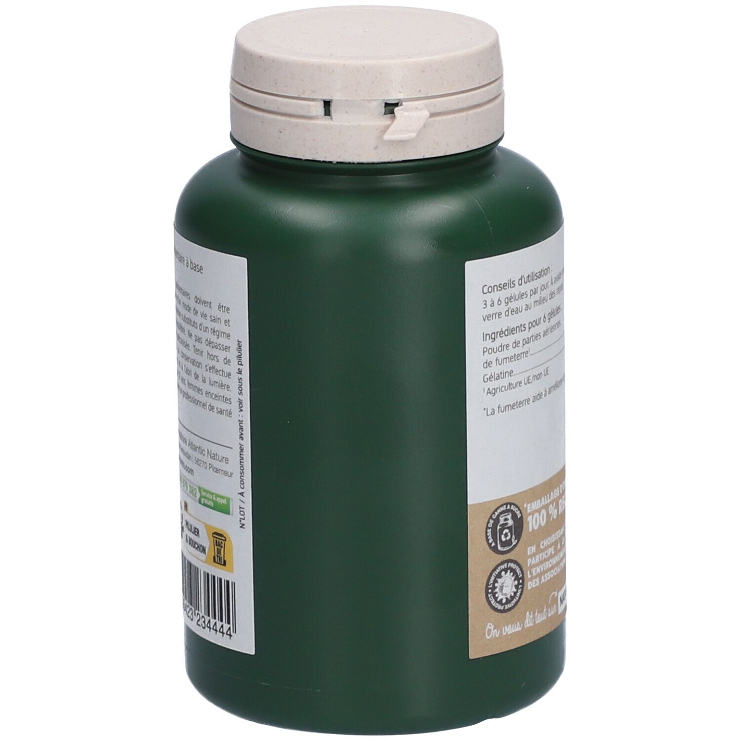 Grüne Flasche mit weißem Deckel. Etikett mit Text und Barcode. Text auf Französisch.