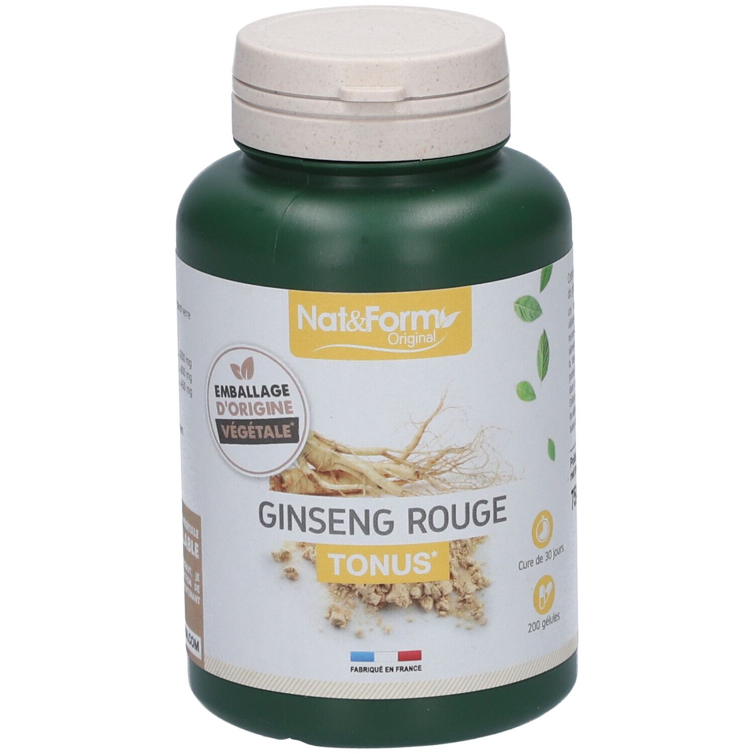 Flacon vert avec couvercle blanc. Inscription : Nat&Form Original, Ginseng Rouge, Tonus. Emballage végétal.