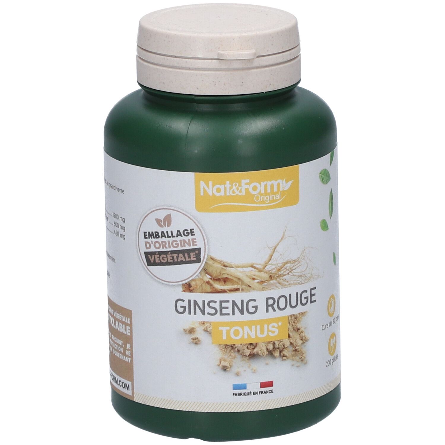 Flacon vert avec couvercle blanc. Inscription : Nat&Form Original, Ginseng Rouge, Tonus. Emballage végétal.